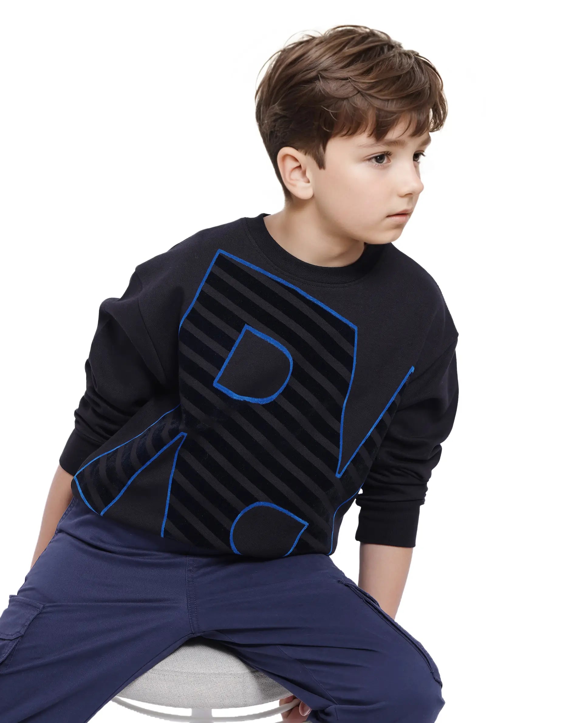 Rare Ones Kids Baros Black Cotton Full Sleeve Crew Neck Flock Print Sweatshirt