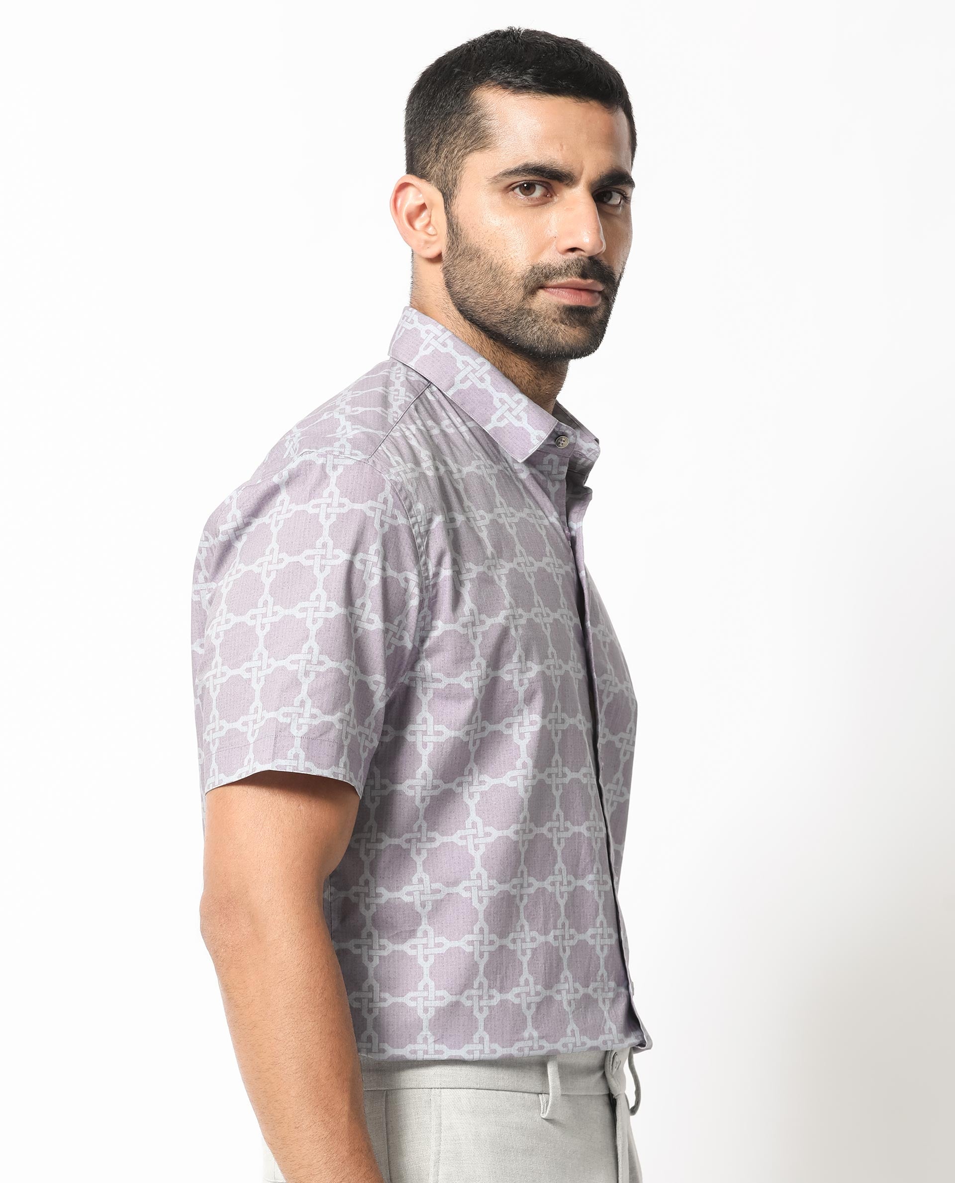 Rare Rabbit Men's Barret Pastel Purple Viscose Fabric Geometric Print Half Sleeves Shirt