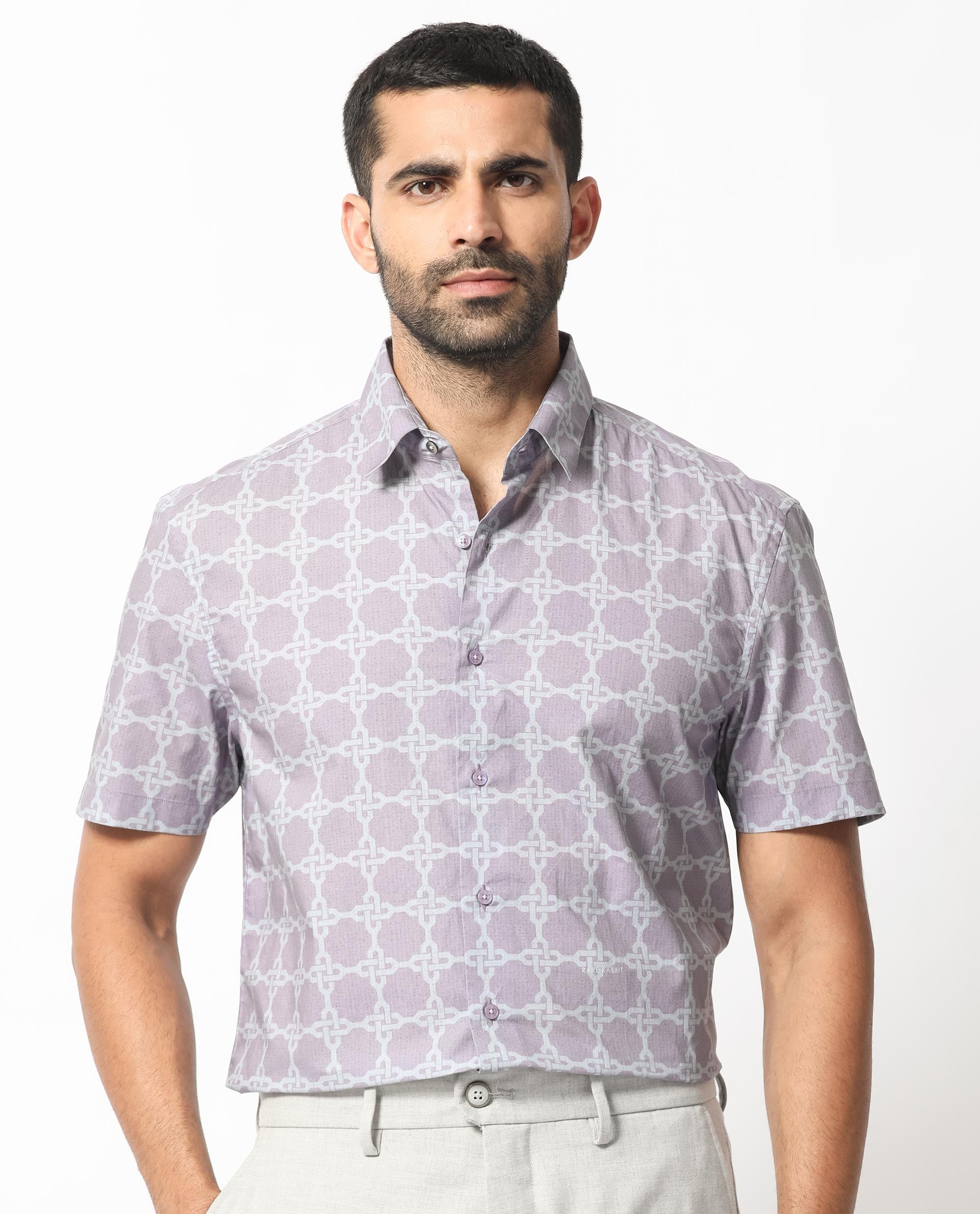 Rare Rabbit Men's Barret Pastel Purple Viscose Fabric Geometric Print Half Sleeves Shirt