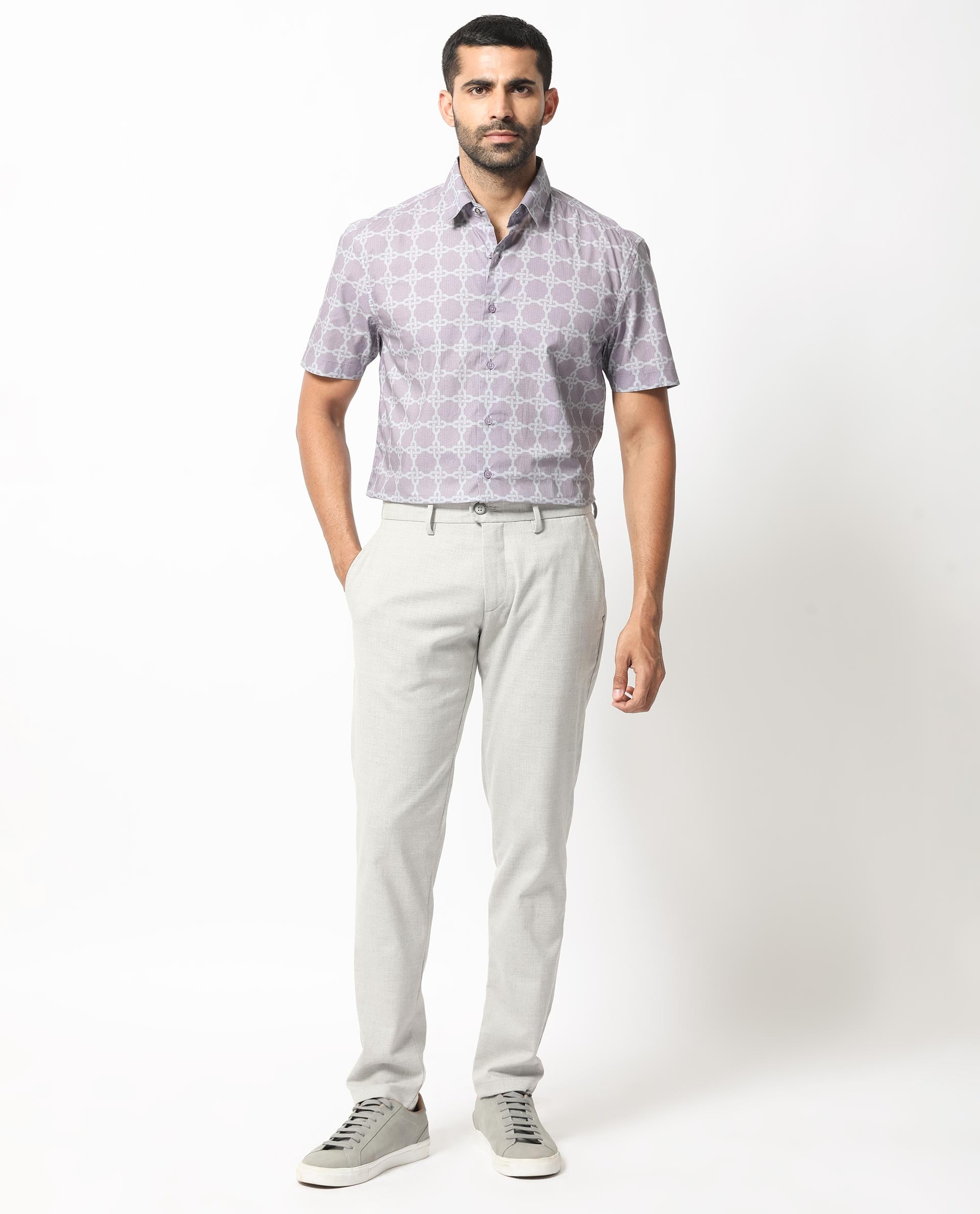 Rare Rabbit Men's Barret Pastel Purple Viscose Fabric Geometric Print Half Sleeves Shirt