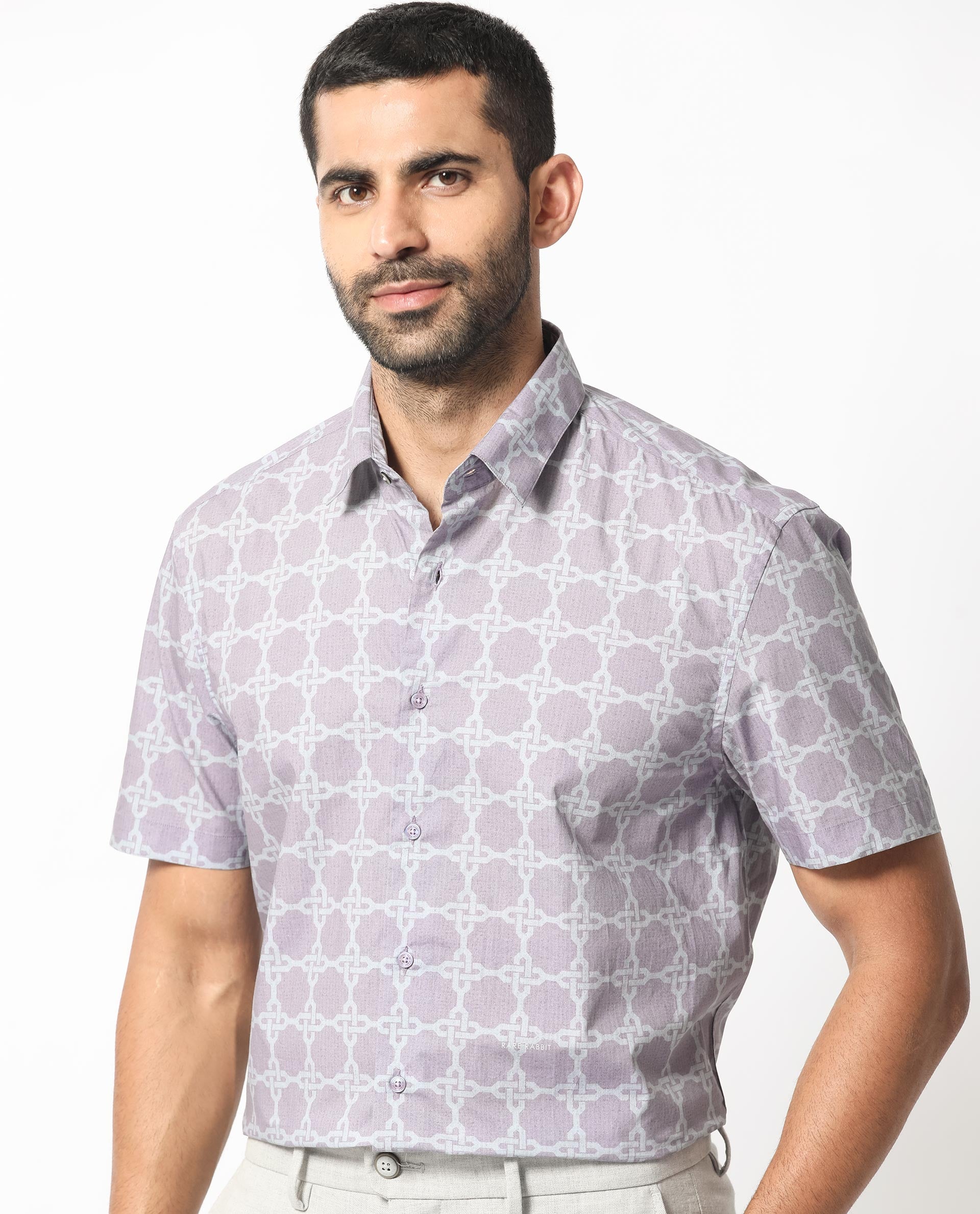 Rare Rabbit Men's Barret Pastel Purple Viscose Fabric Geometric Print Half Sleeves Shirt