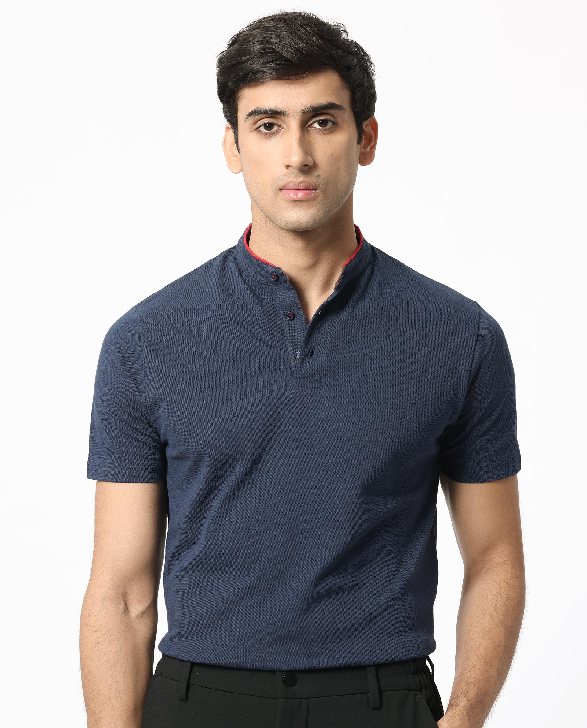 Rare Rabbit Men's Barrie Dark Navy Cotton Fabric Mandarin Collar Half Sleeves Polo T-Shirt