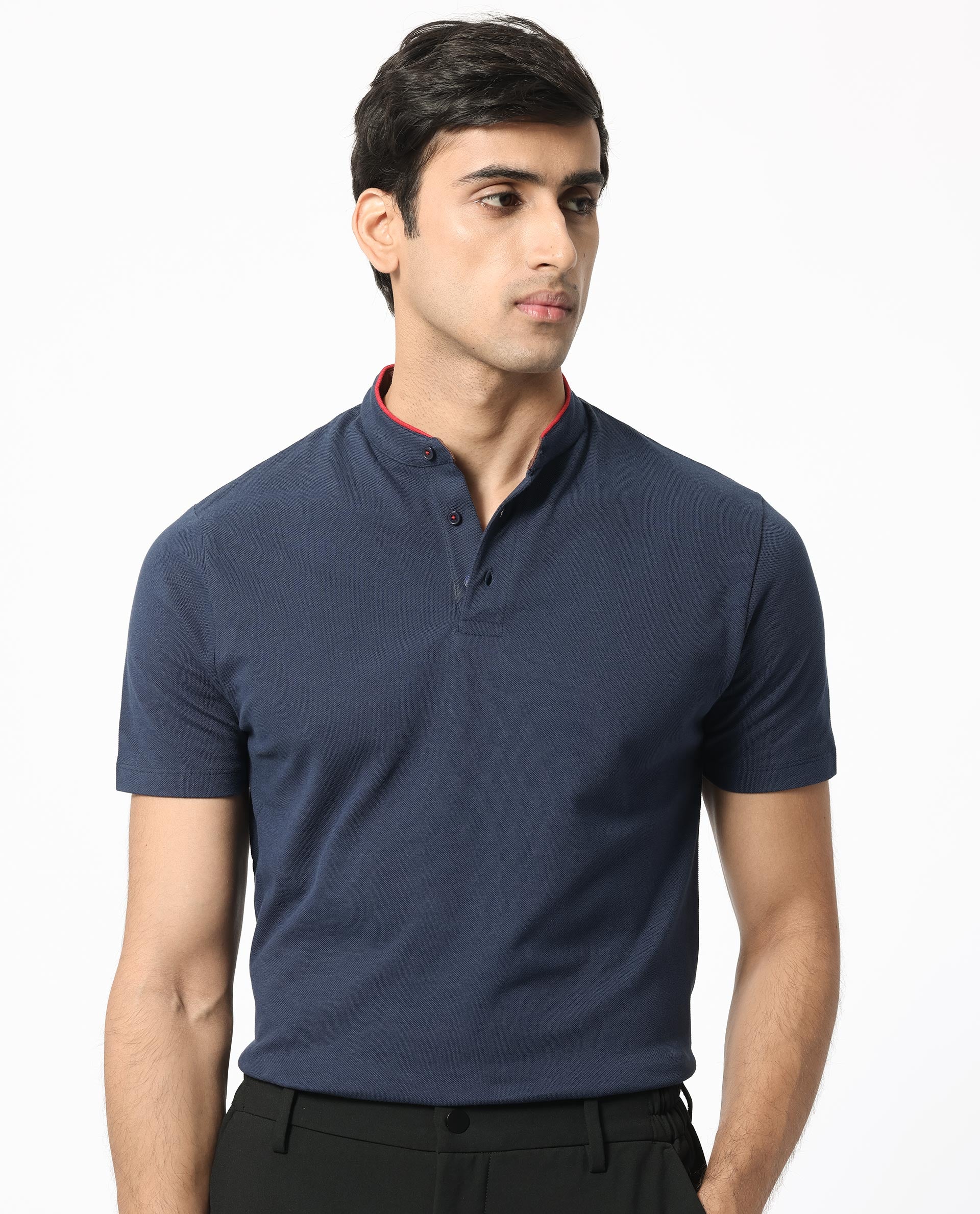 Rare Rabbit Men's Barrie Dark Navy Cotton Fabric Mandarin Collar Half Sleeves Polo T-Shirt
