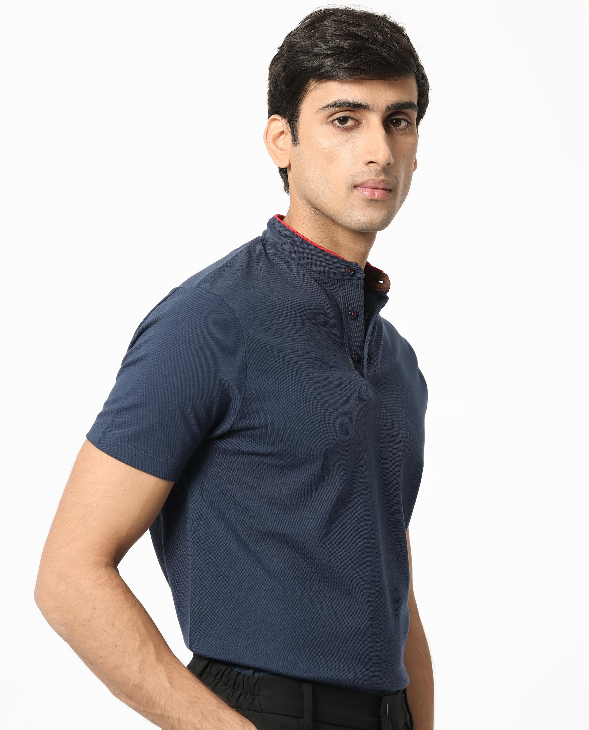 Rare Rabbit Men's Barrie Dark Navy Cotton Fabric Mandarin Collar Half Sleeves Polo T-Shirt