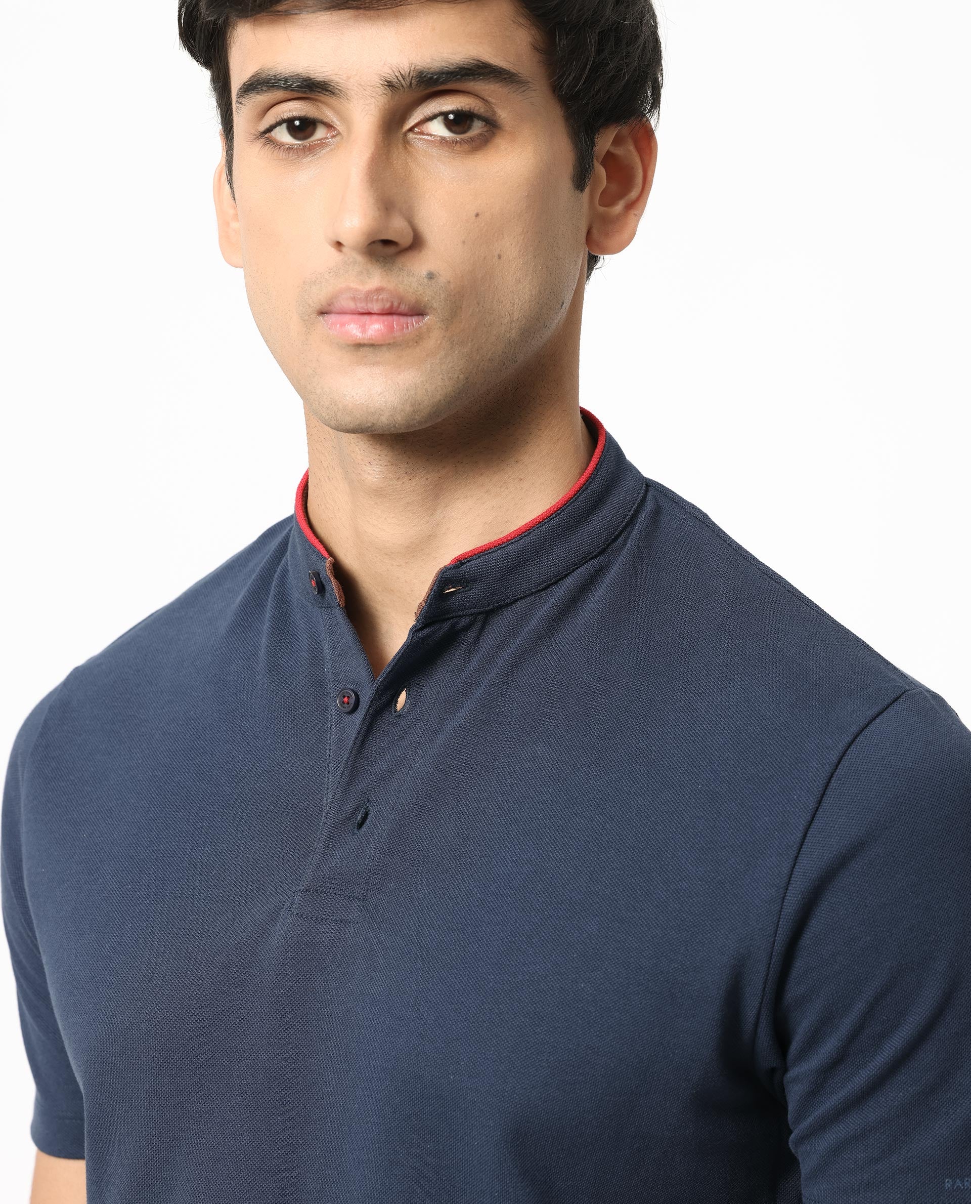 Rare Rabbit Men's Barrie Dark Navy Cotton Fabric Mandarin Collar Half Sleeves Polo T-Shirt