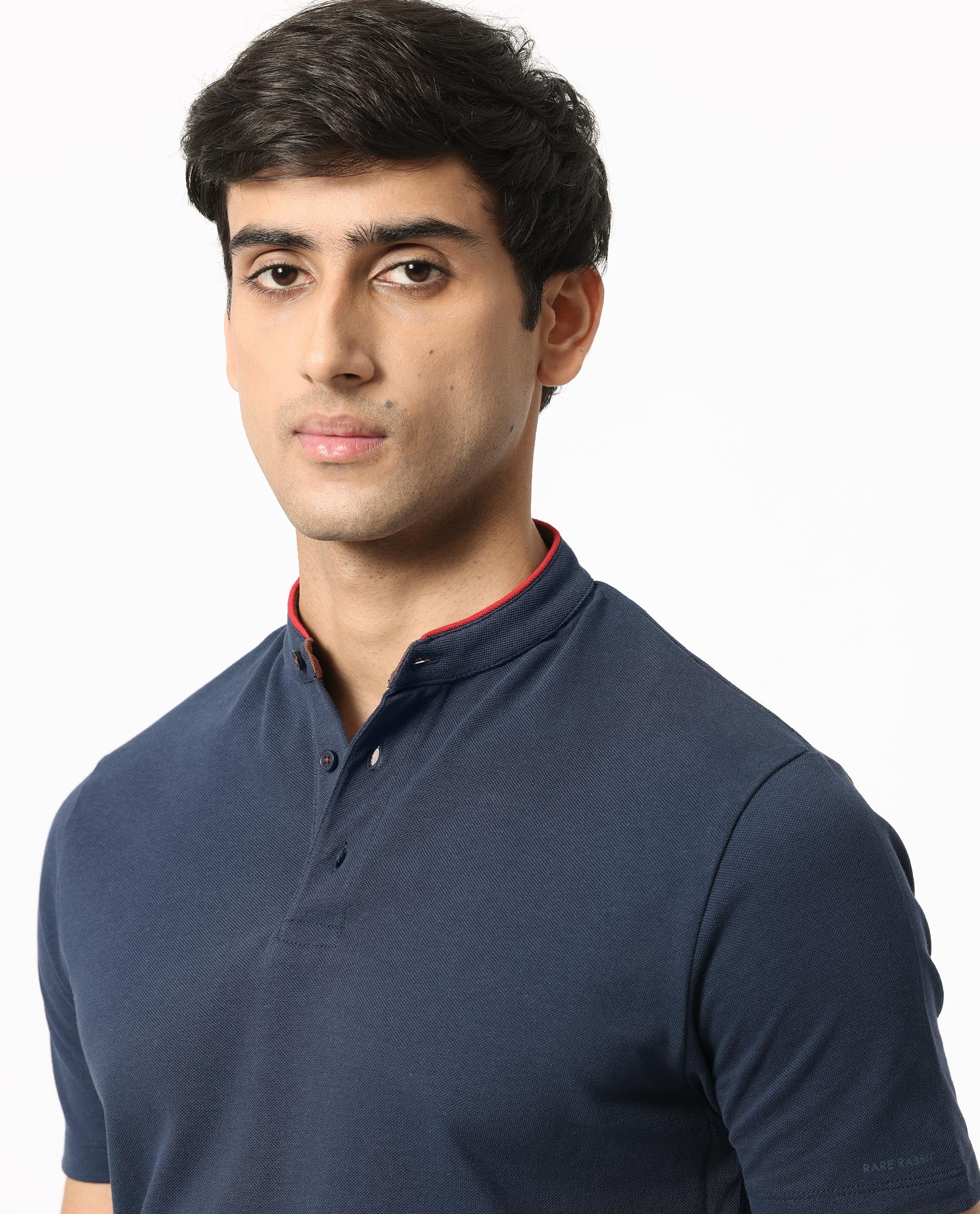 Rare Rabbit Men's Barrie Dark Navy Cotton Fabric Mandarin Collar Half Sleeves Polo T-Shirt