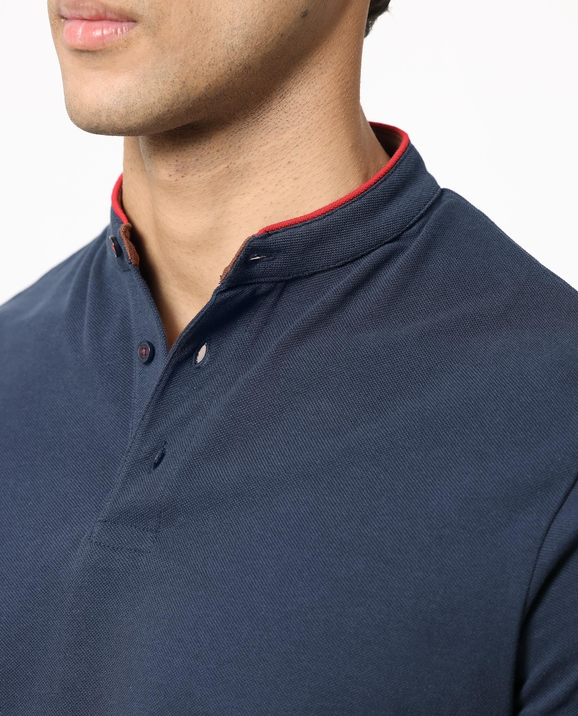 Rare Rabbit Men's Barrie Dark Navy Cotton Fabric Mandarin Collar Half Sleeves Polo T-Shirt
