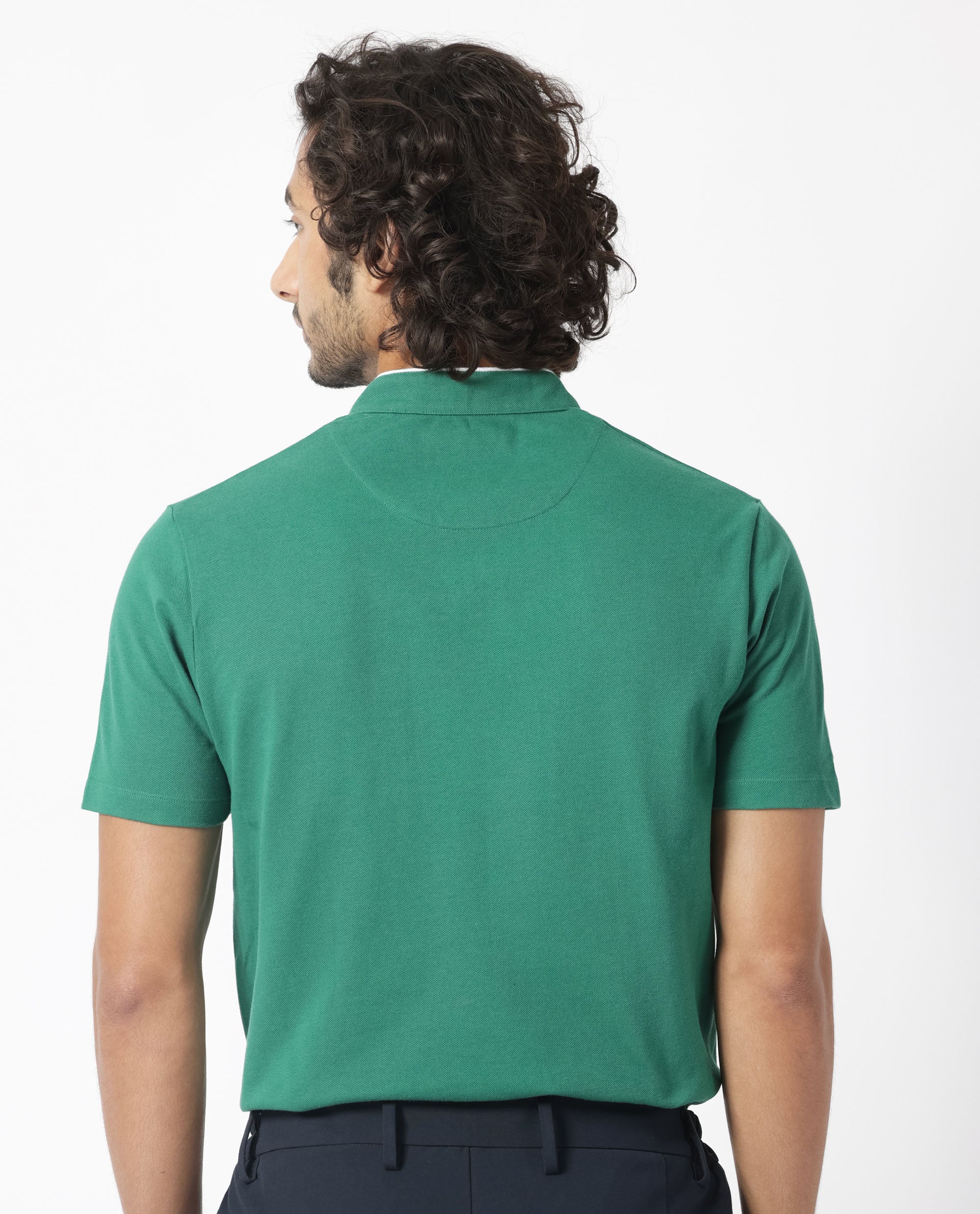 Rare Rabbit Men's Barrie Dark Green Cotton Fabric Mandarin Collar Half Sleeves Polo T-Shirt