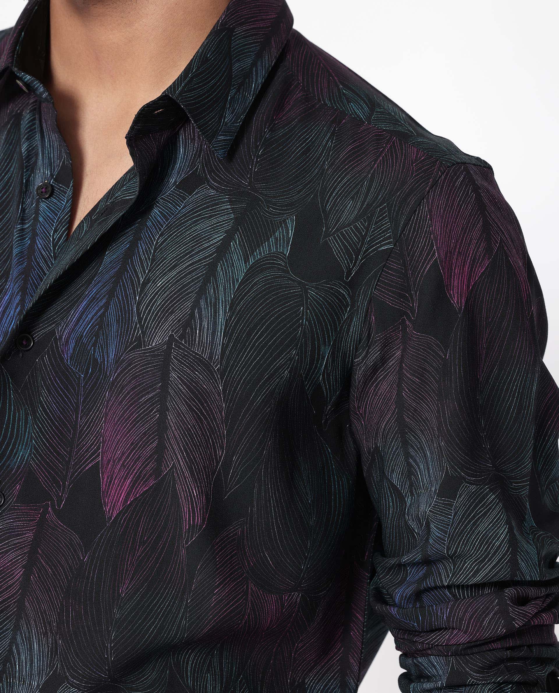 Rare Rabbit Men's Bartlets Black Viscose Fabric Tropical Print Full Sleeves Shirt