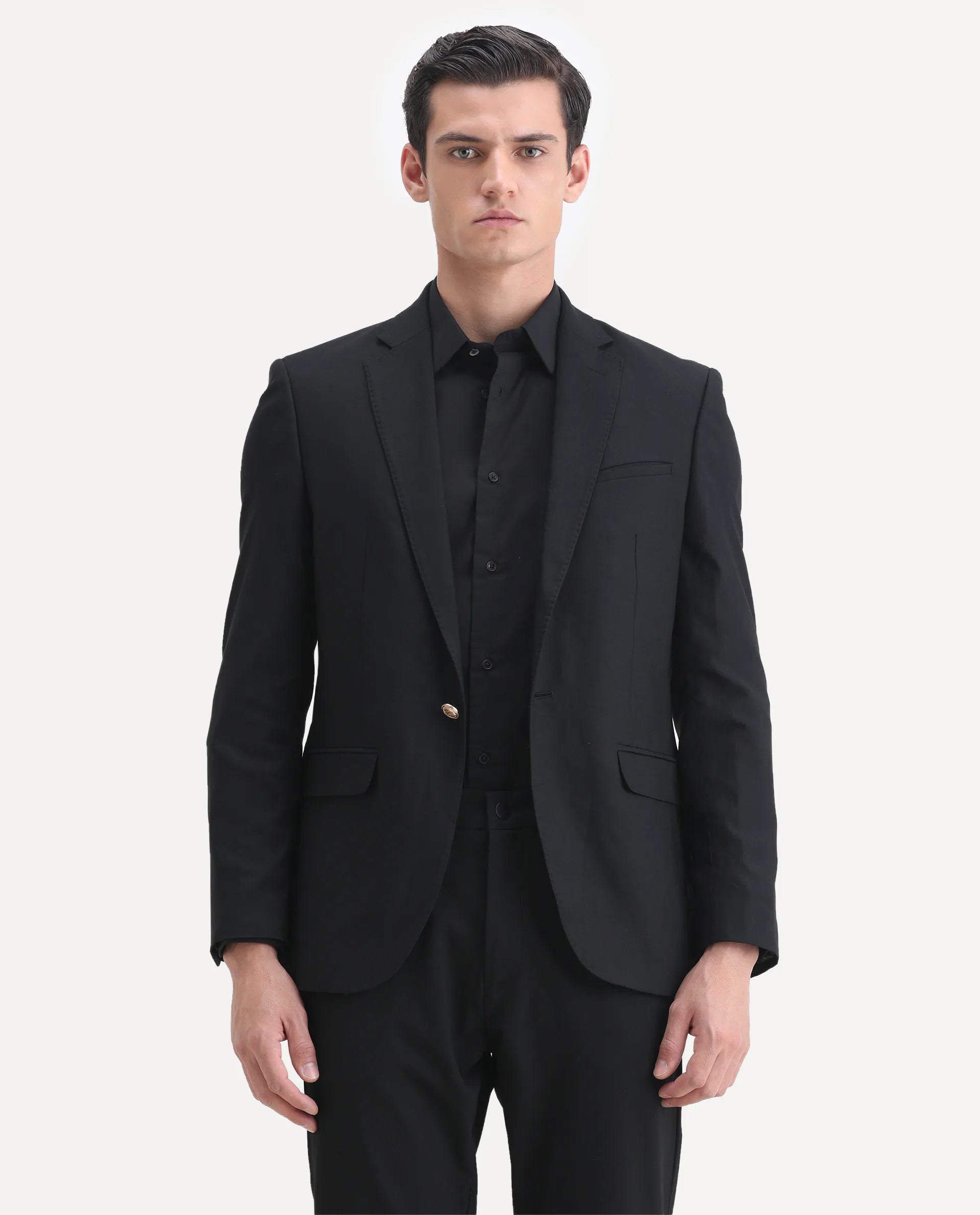 Rare Rabbit Men's Barton Black Polyester Plain Tailored Fit Full Sleeve Lapel Neck Blazer