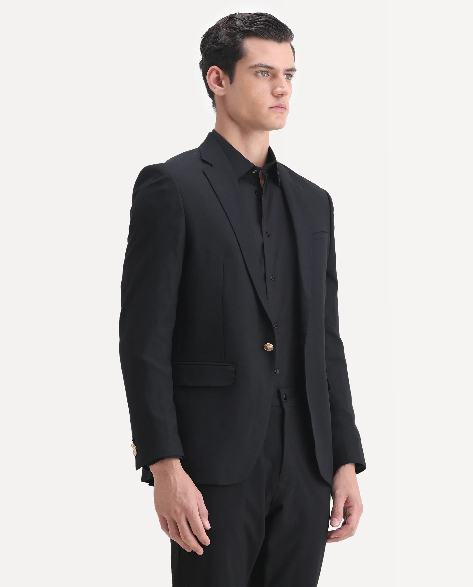 Rare Rabbit Men's Barton Black Polyester Plain Tailored Fit Full Sleeve Lapel Neck Blazer