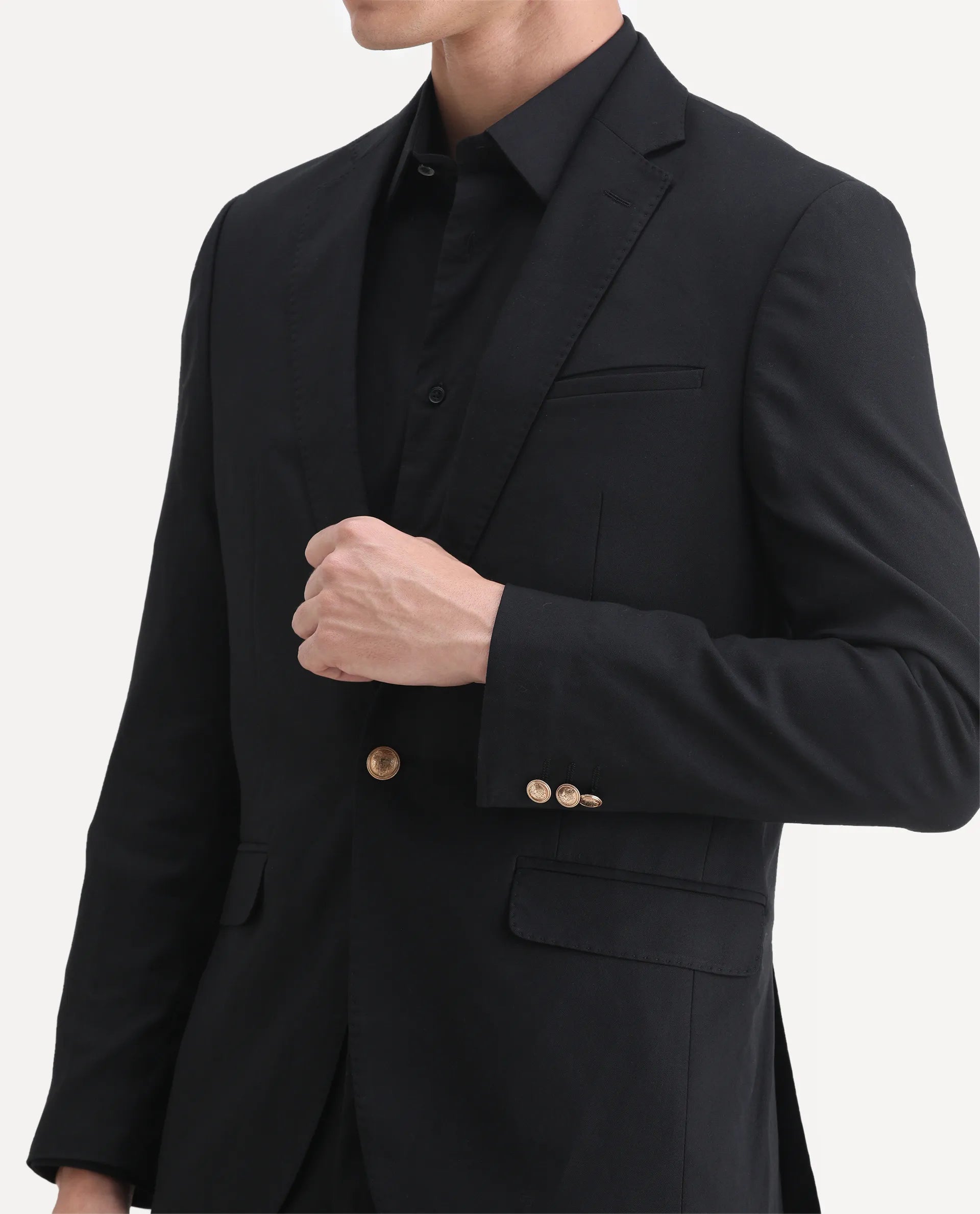 Rare Rabbit Men's Barton Black Polyester Plain Tailored Fit Full Sleeve Lapel Neck Blazer