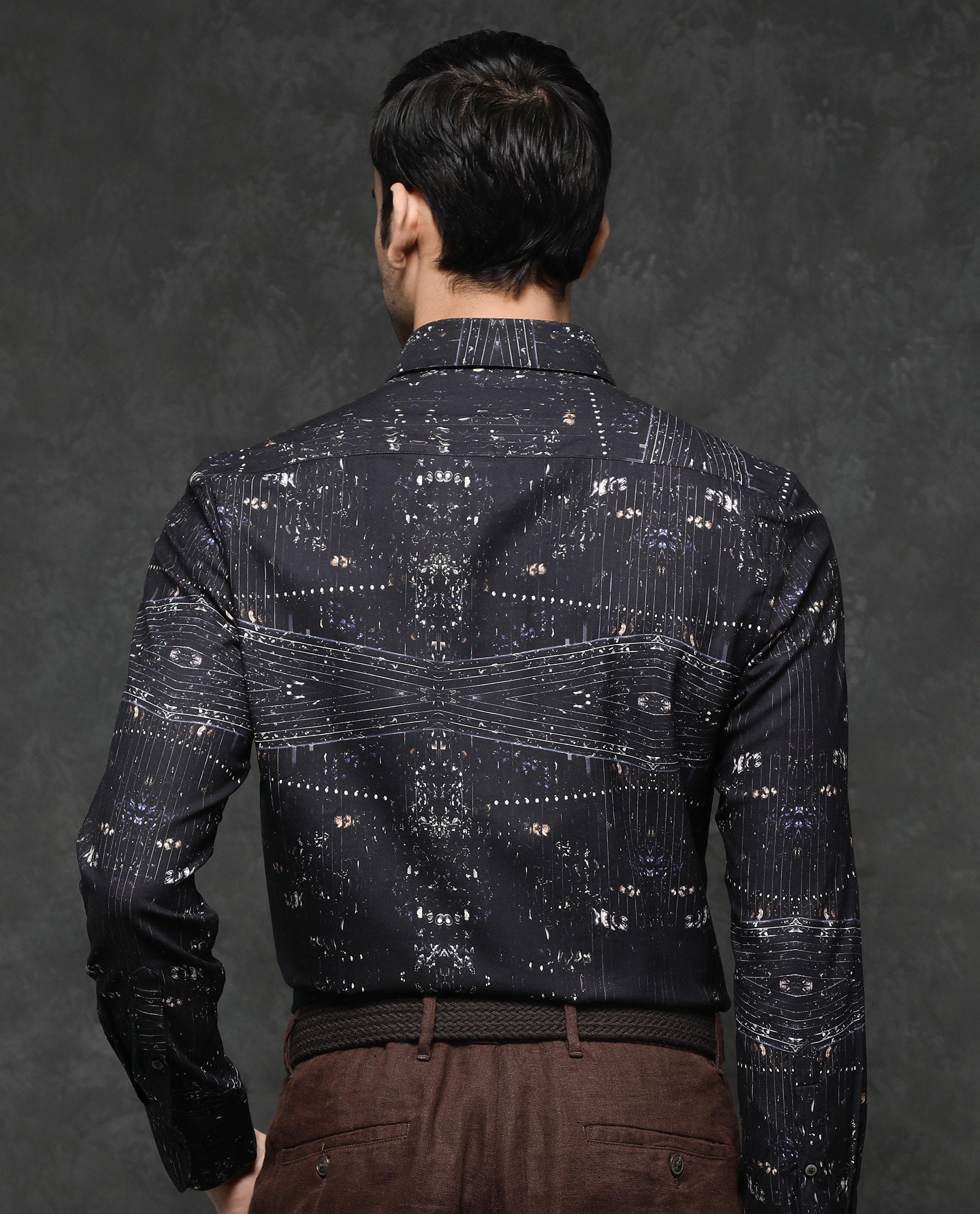 Rare Rabbit Men's Basco Black Viscose Fabric Full Sleeve Regular Fit Abstract Print Shirt