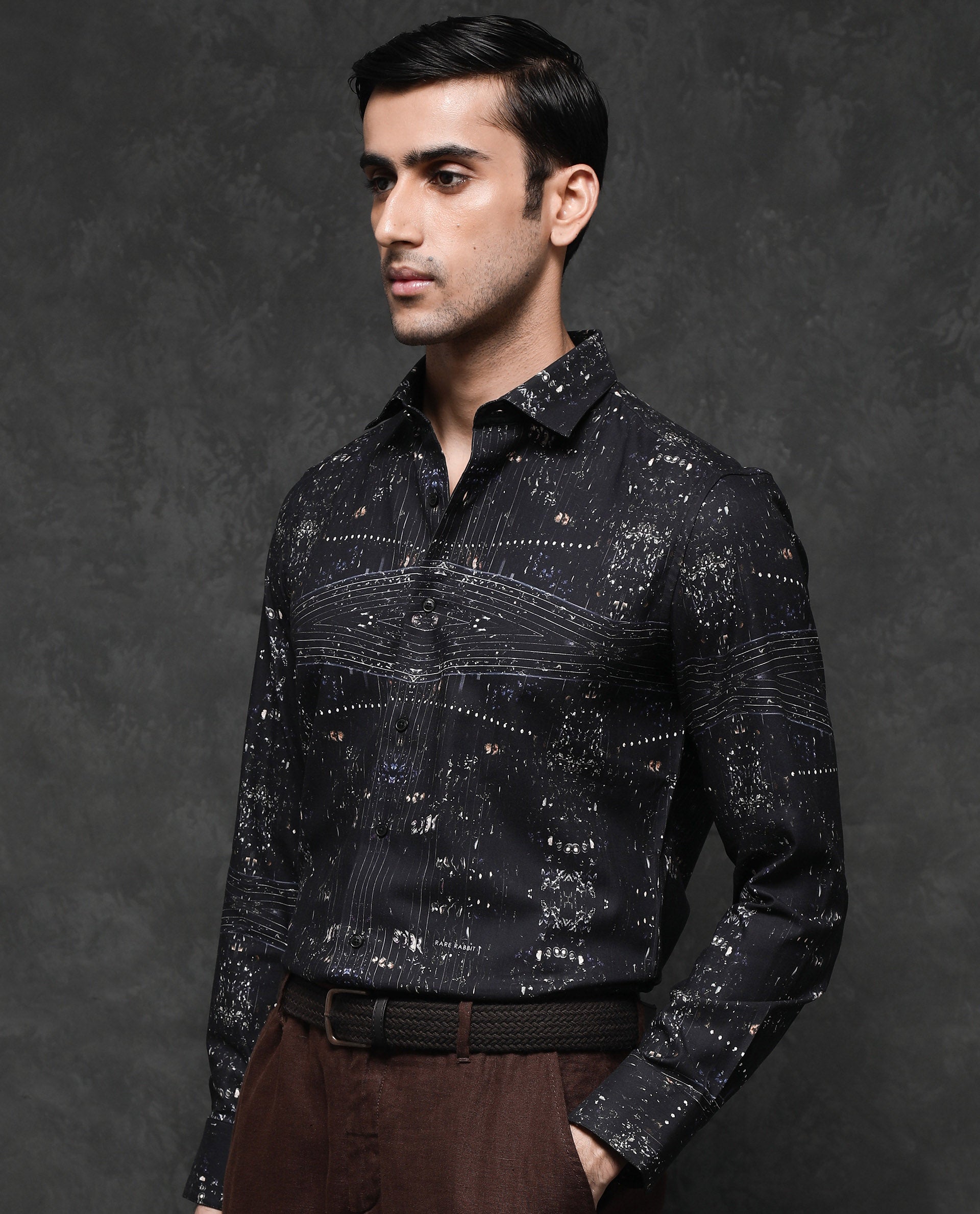 Rare Rabbit Men's Basco Black Viscose Fabric Full Sleeve Regular Fit Abstract Print Shirt