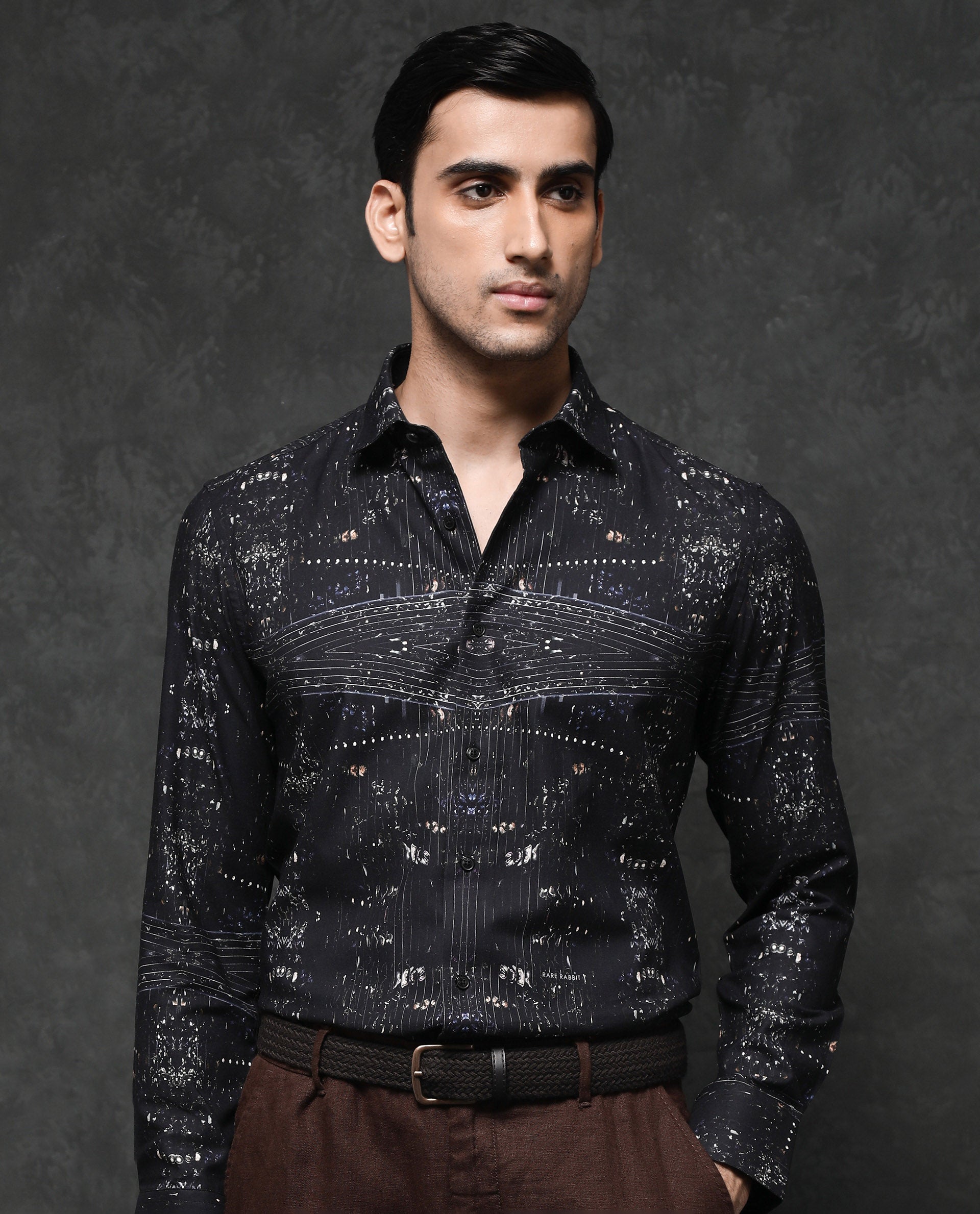 Rare Rabbit Men's Basco Black Viscose Fabric Full Sleeve Regular Fit Abstract Print Shirt