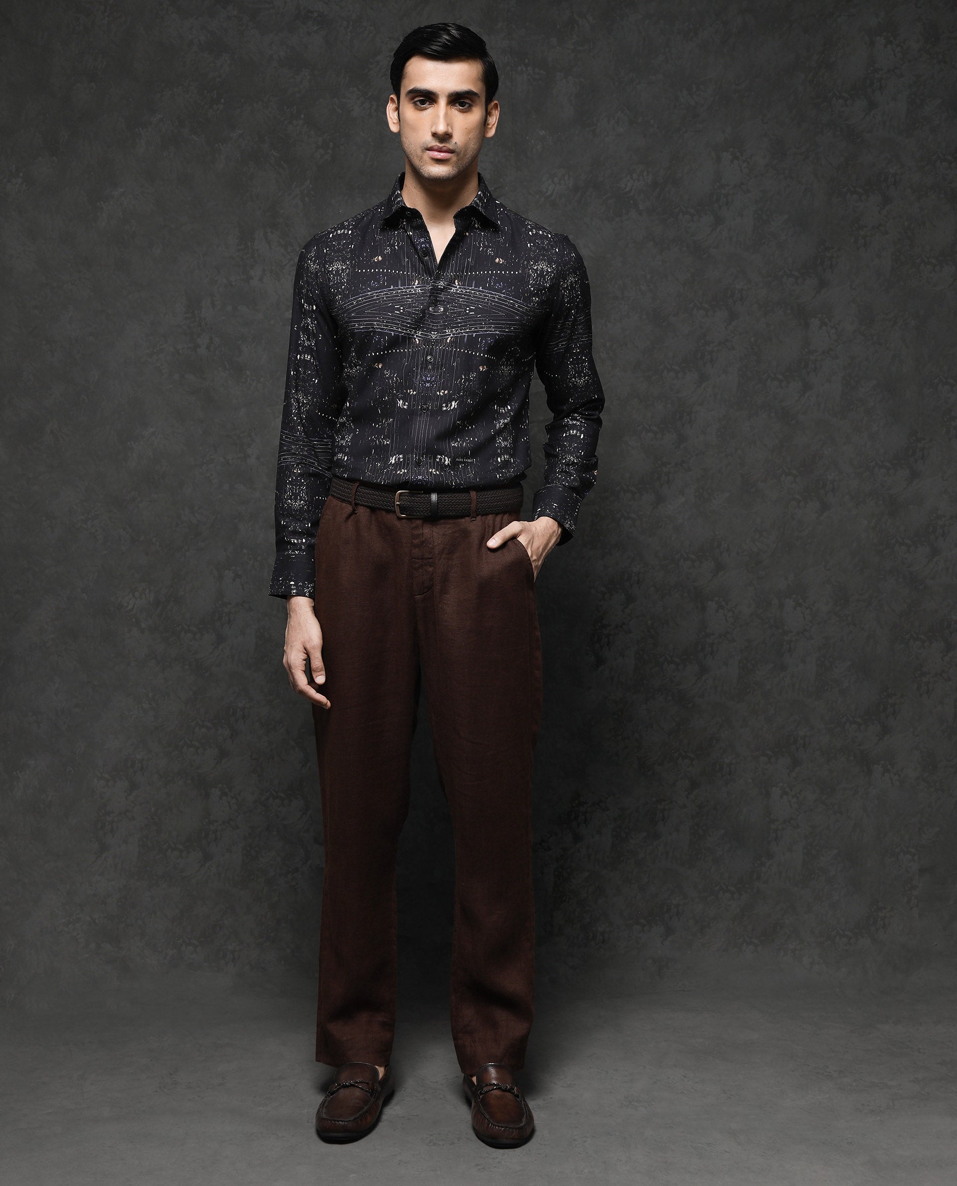 Rare Rabbit Men's Basco Black Viscose Fabric Full Sleeve Regular Fit Abstract Print Shirt