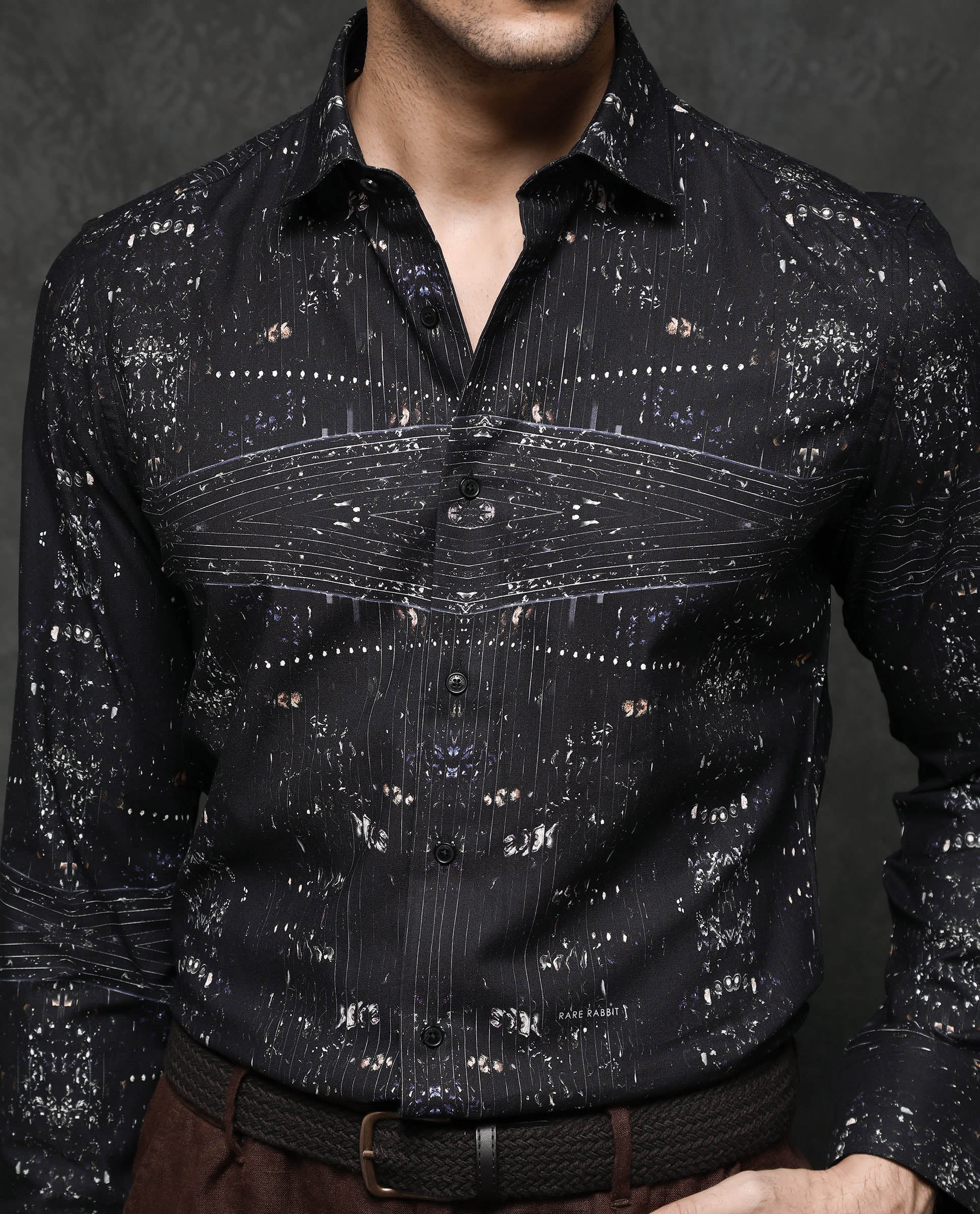 Rare Rabbit Men's Basco Black Viscose Fabric Full Sleeve Regular Fit Abstract Print Shirt