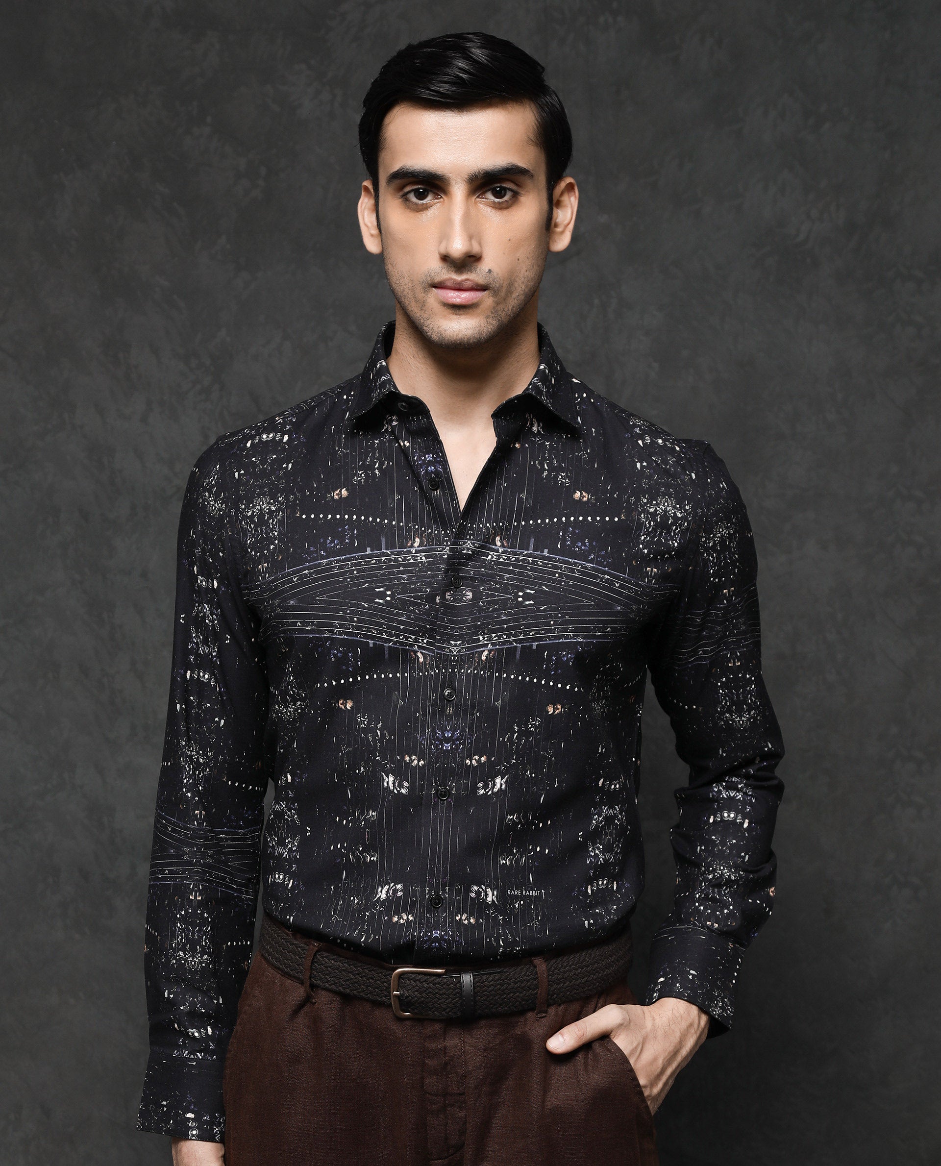 Rare Rabbit Men's Basco Black Viscose Fabric Full Sleeve Regular Fit Abstract Print Shirt