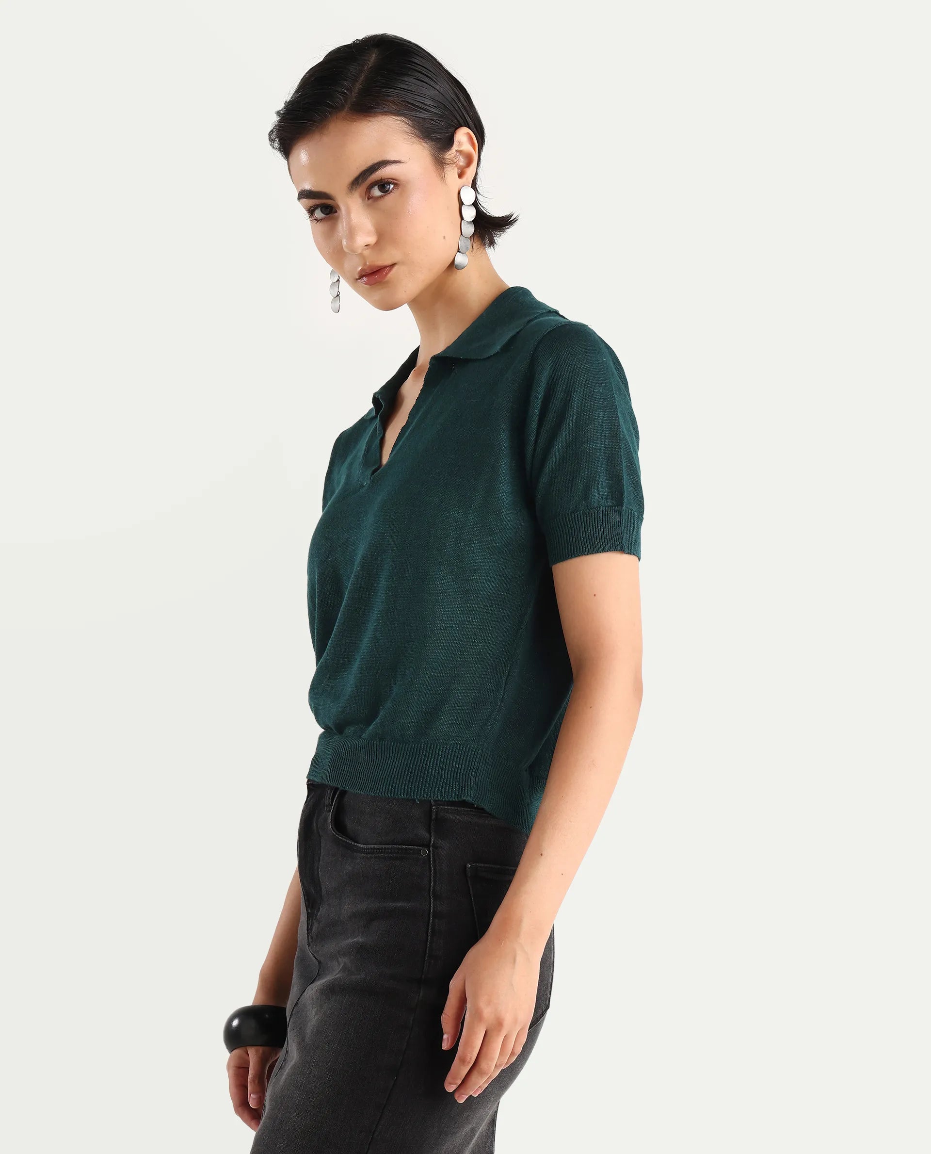 Rareism Women's Basel Green Cotton Linen Polo Neck Plain Regular Fit Polo
