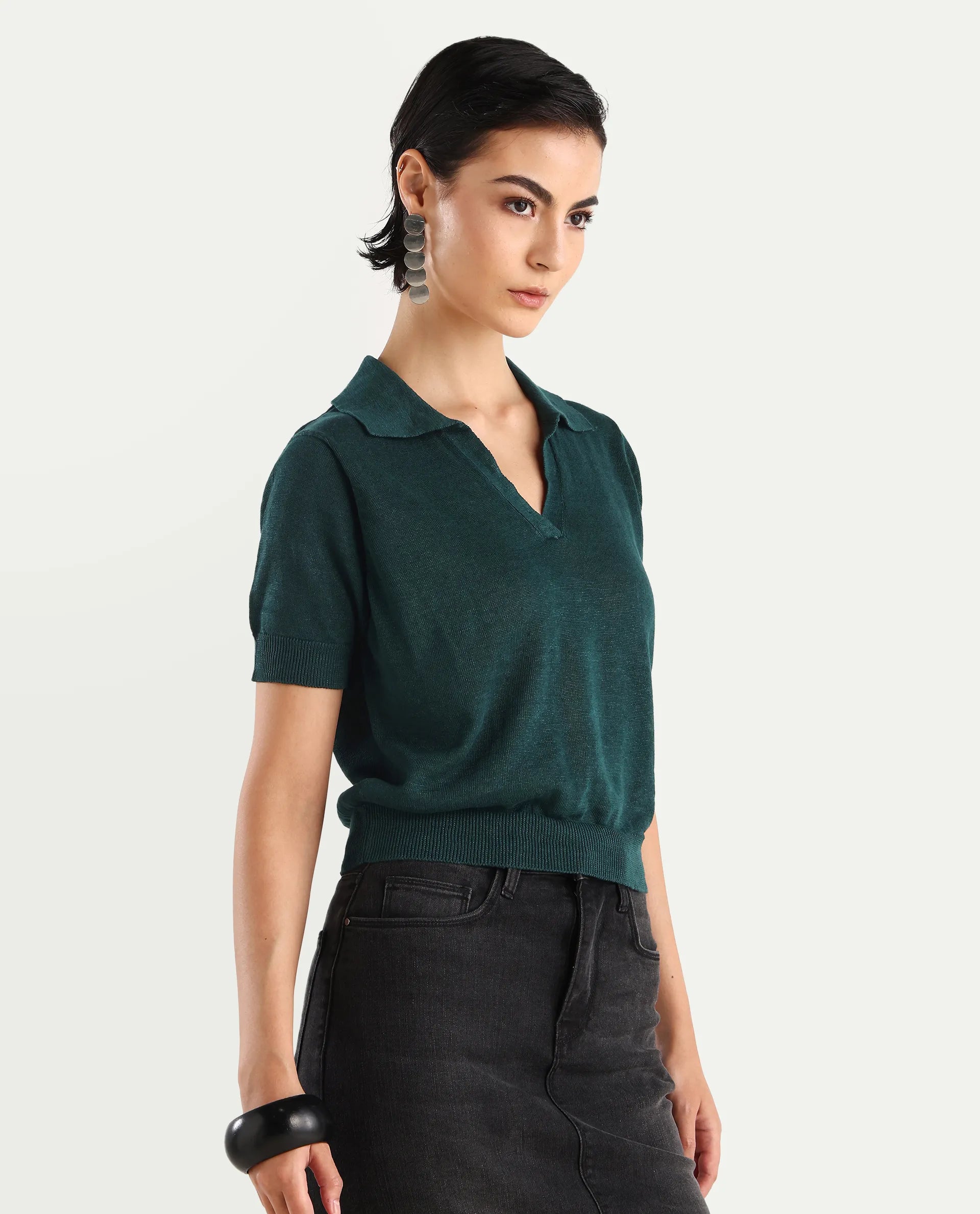 Rareism Women's Basel Green Cotton Linen Polo Neck Plain Regular Fit Polo