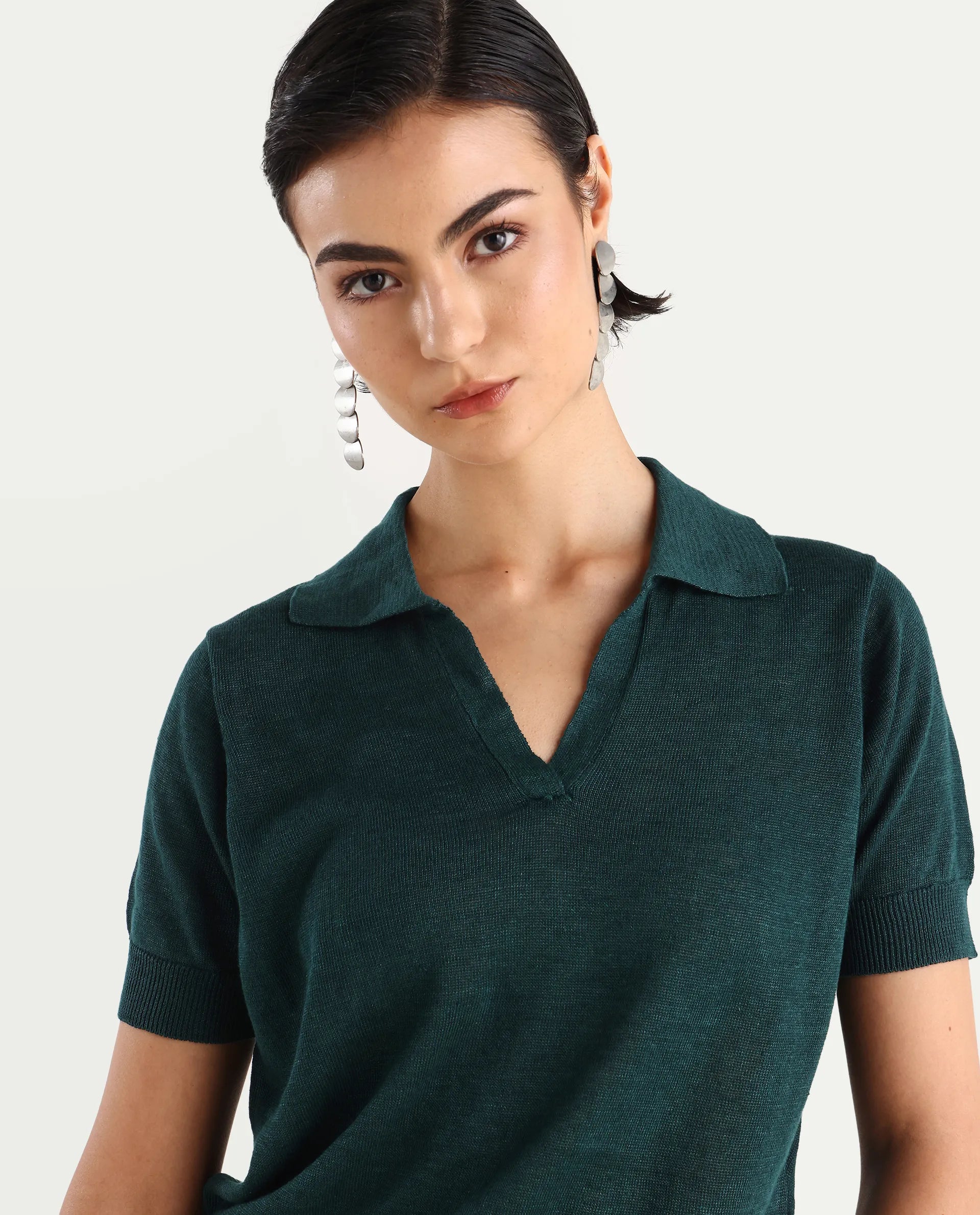 Rareism Women's Basel Green Cotton Linen Polo Neck Plain Regular Fit Polo