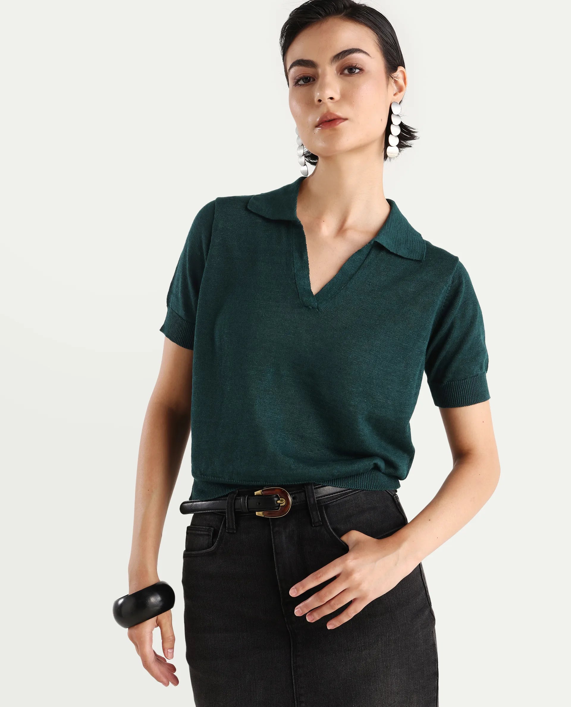 Rareism Women's Basel Green Cotton Linen Polo Neck Plain Regular Fit Polo