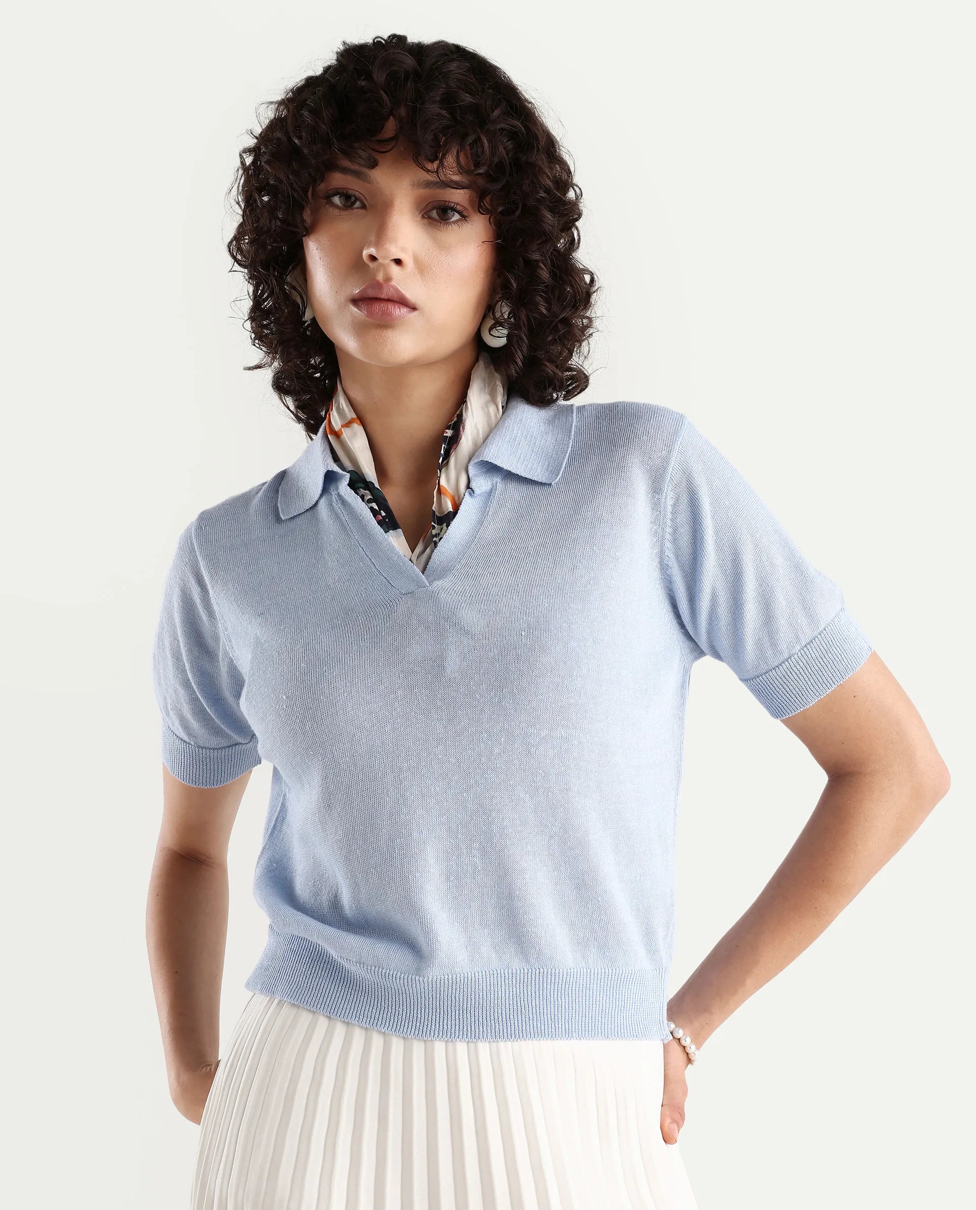 Rareism Women's Basel Light Blue Cotton Blend Polo Neck Plain Regular Fit Polo