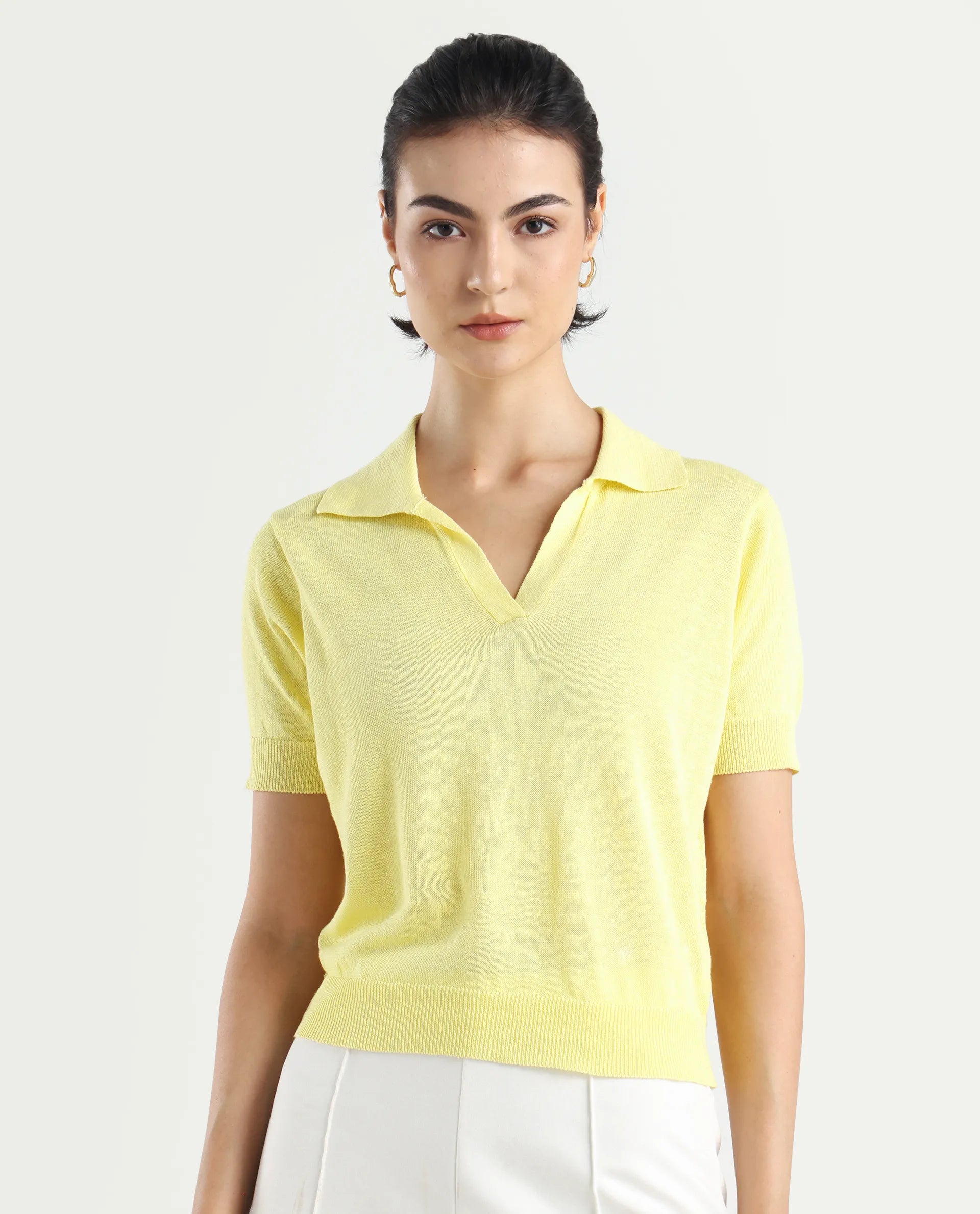 Rareism Women's Basel Yellow Cotton Linen Polo Neck Plain Regular Fit Polo
