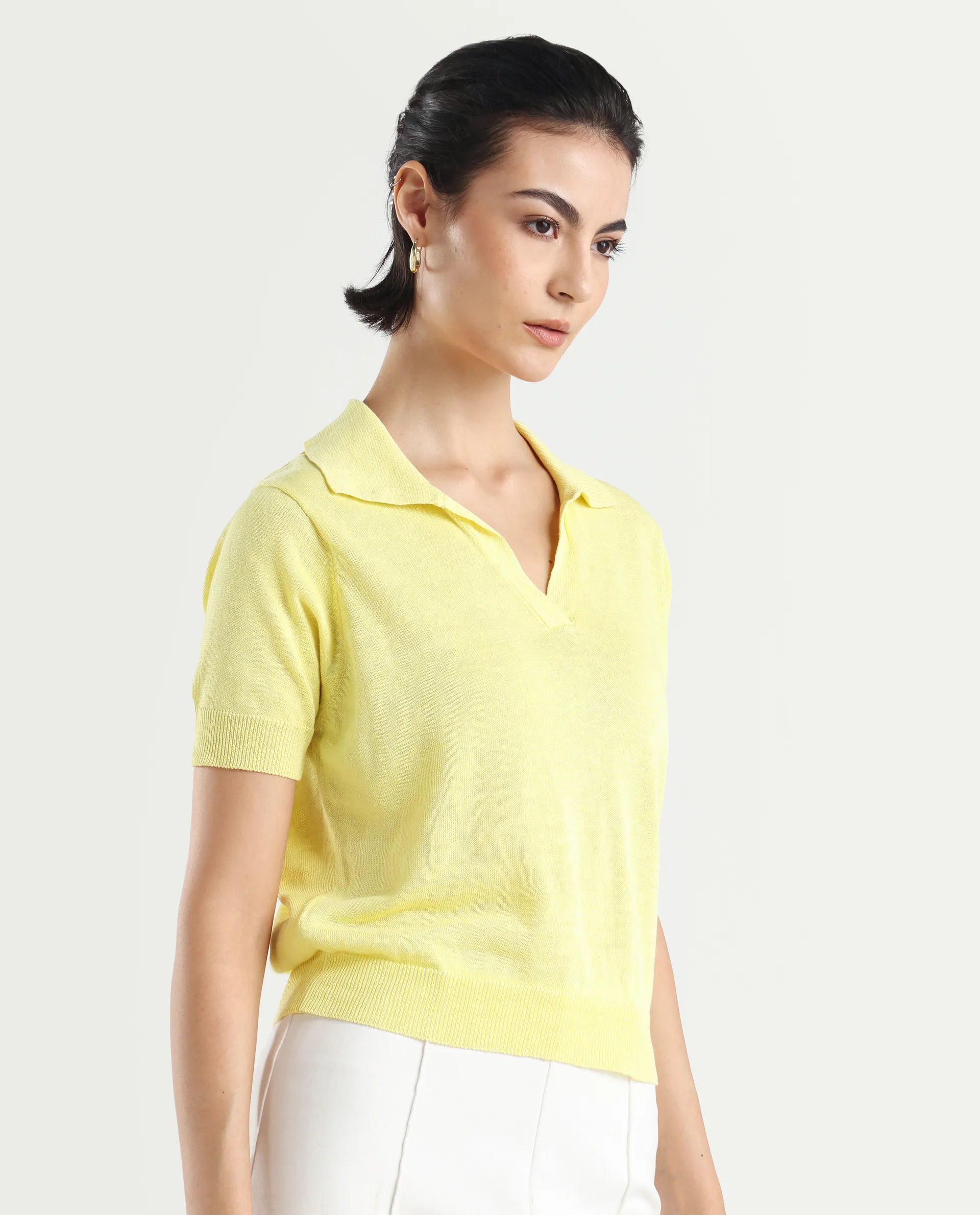 Rareism Women's Basel Yellow Cotton Linen Polo Neck Plain Regular Fit Polo