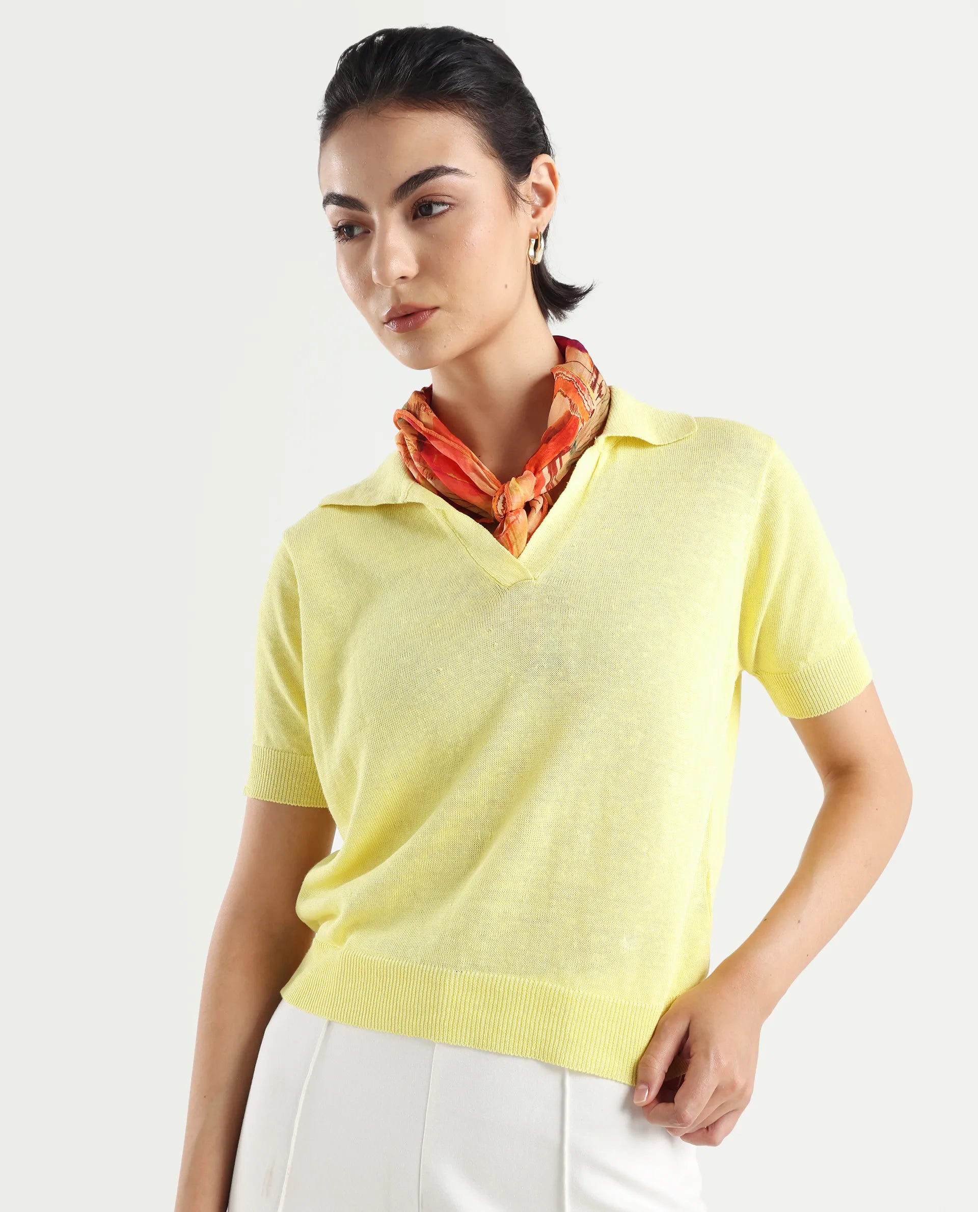 Rareism Women's Basel Yellow Cotton Linen Polo Neck Plain Regular Fit Polo