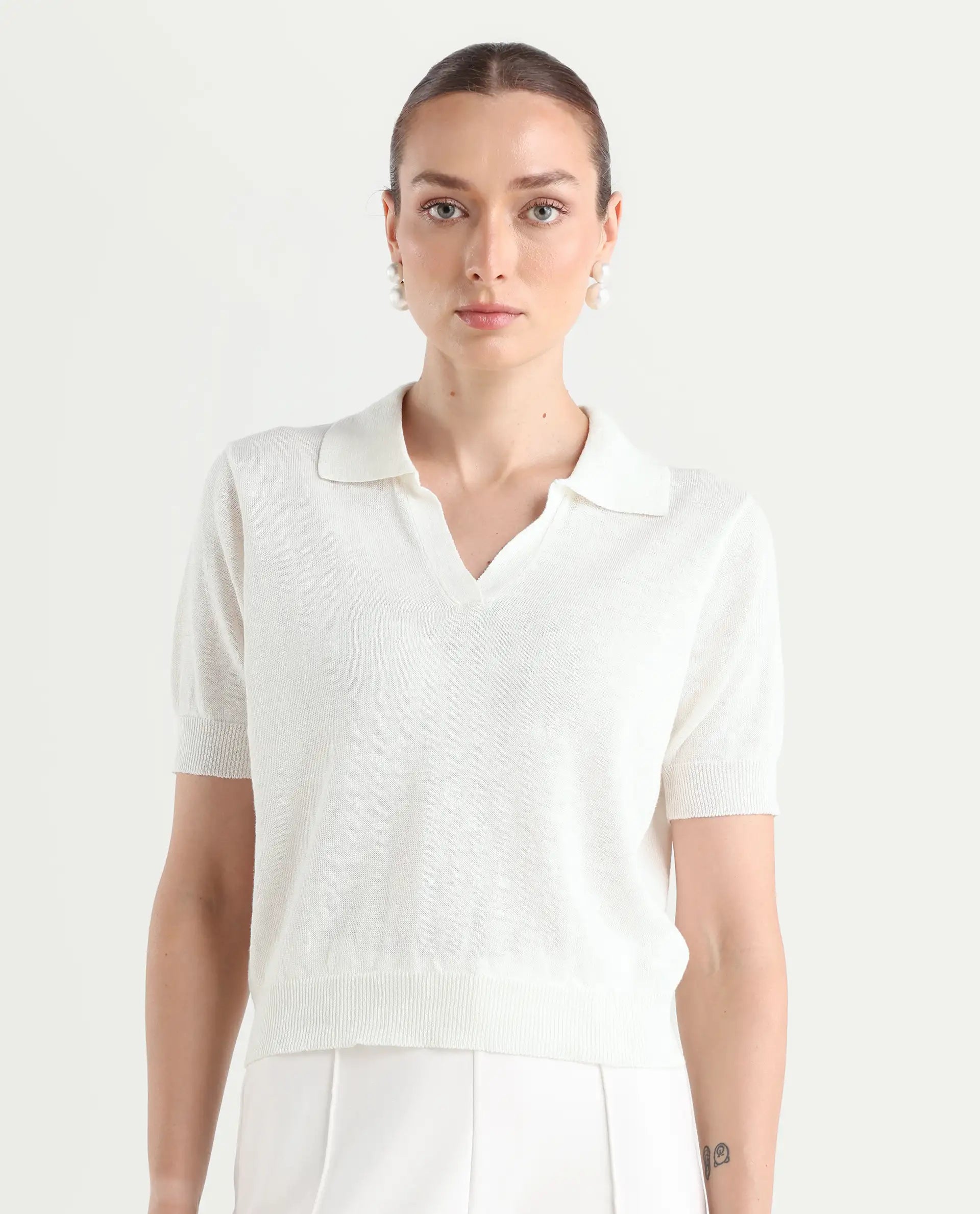 Rareism Women's Basel - Off White Cotton Linen Polo Neck Plain Regular Fit Polo