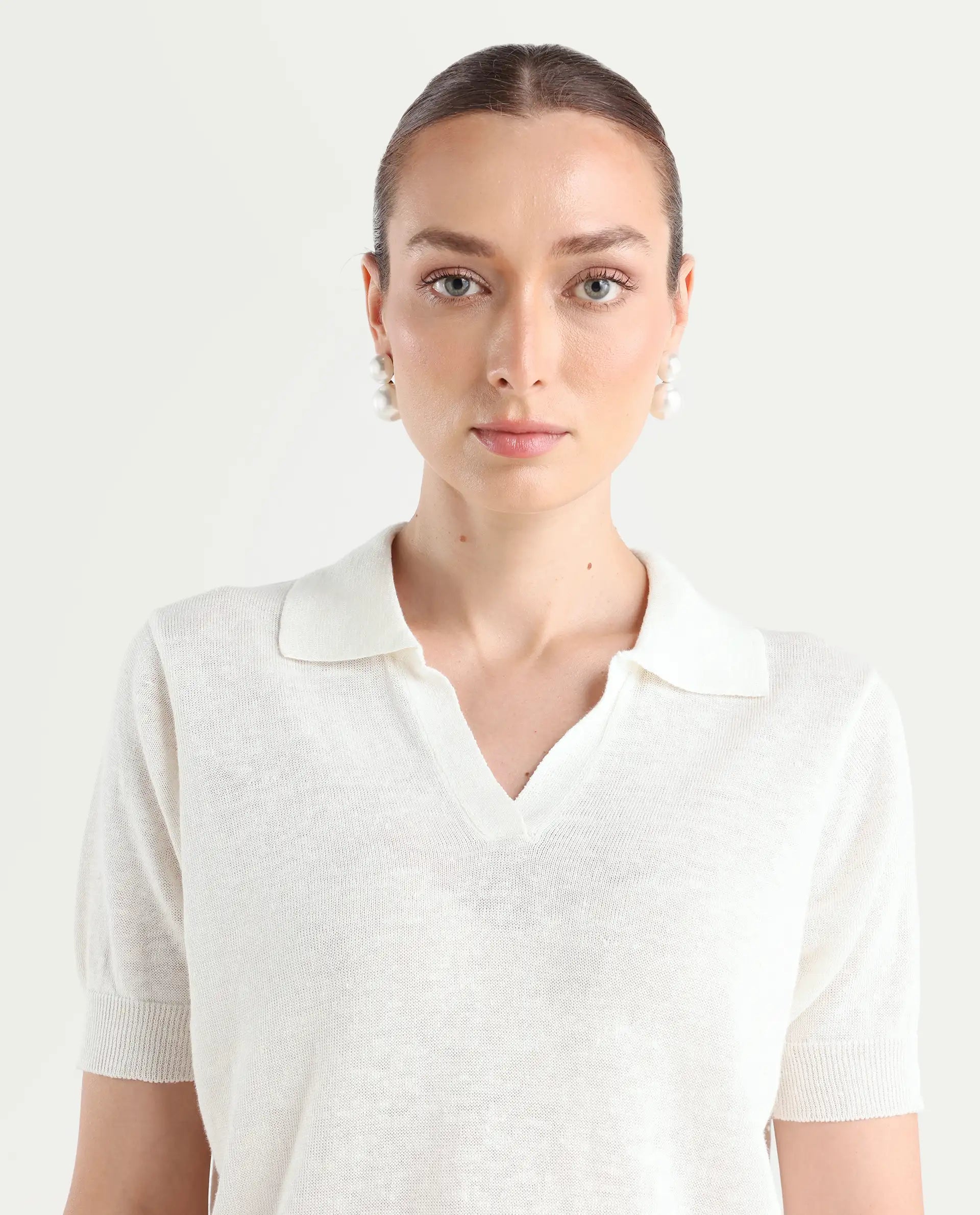 Rareism Women's Basel - Off White Cotton Linen Polo Neck Plain Regular Fit Polo