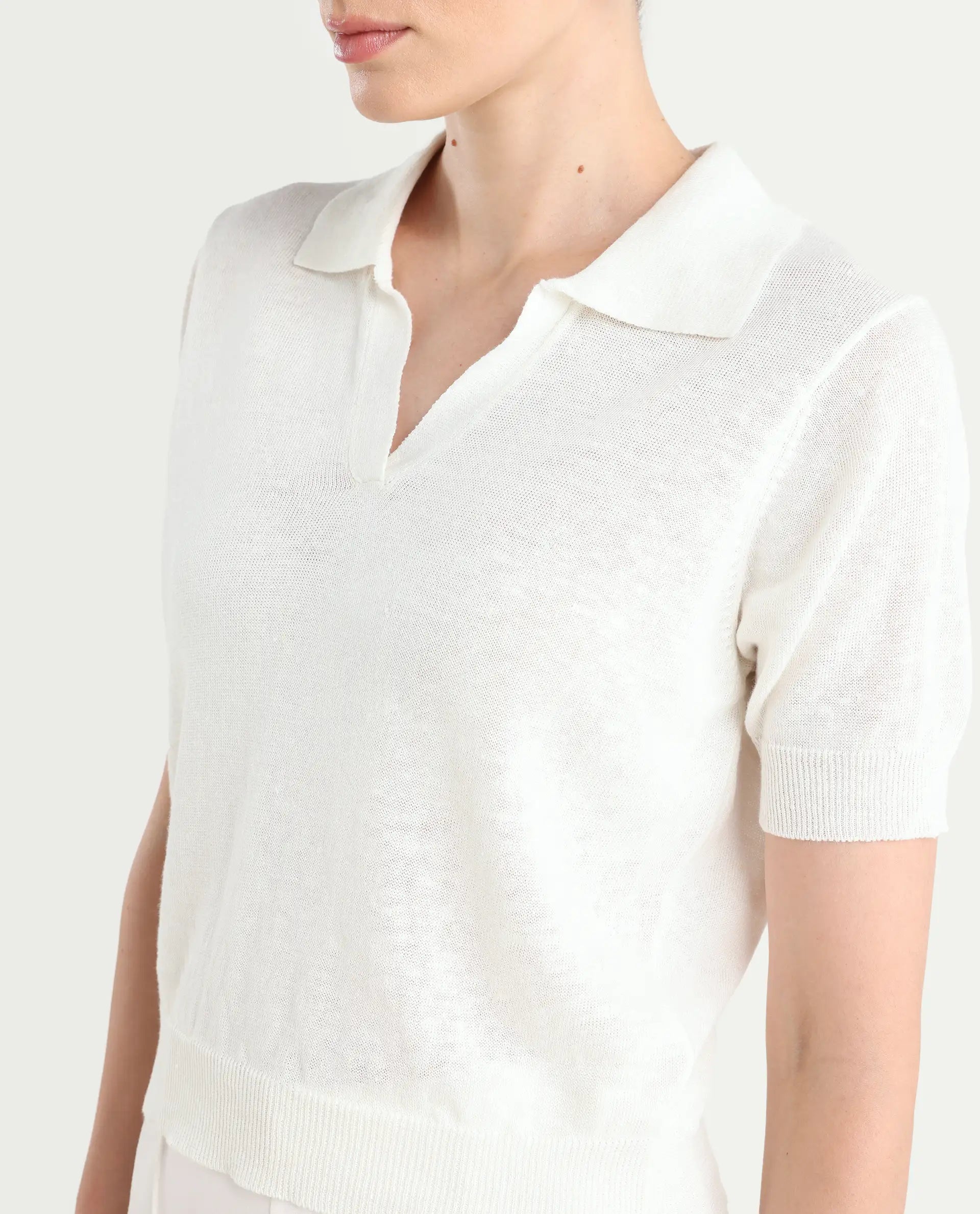 Rareism Women's Basel - Off White Cotton Linen Polo Neck Plain Regular Fit Polo