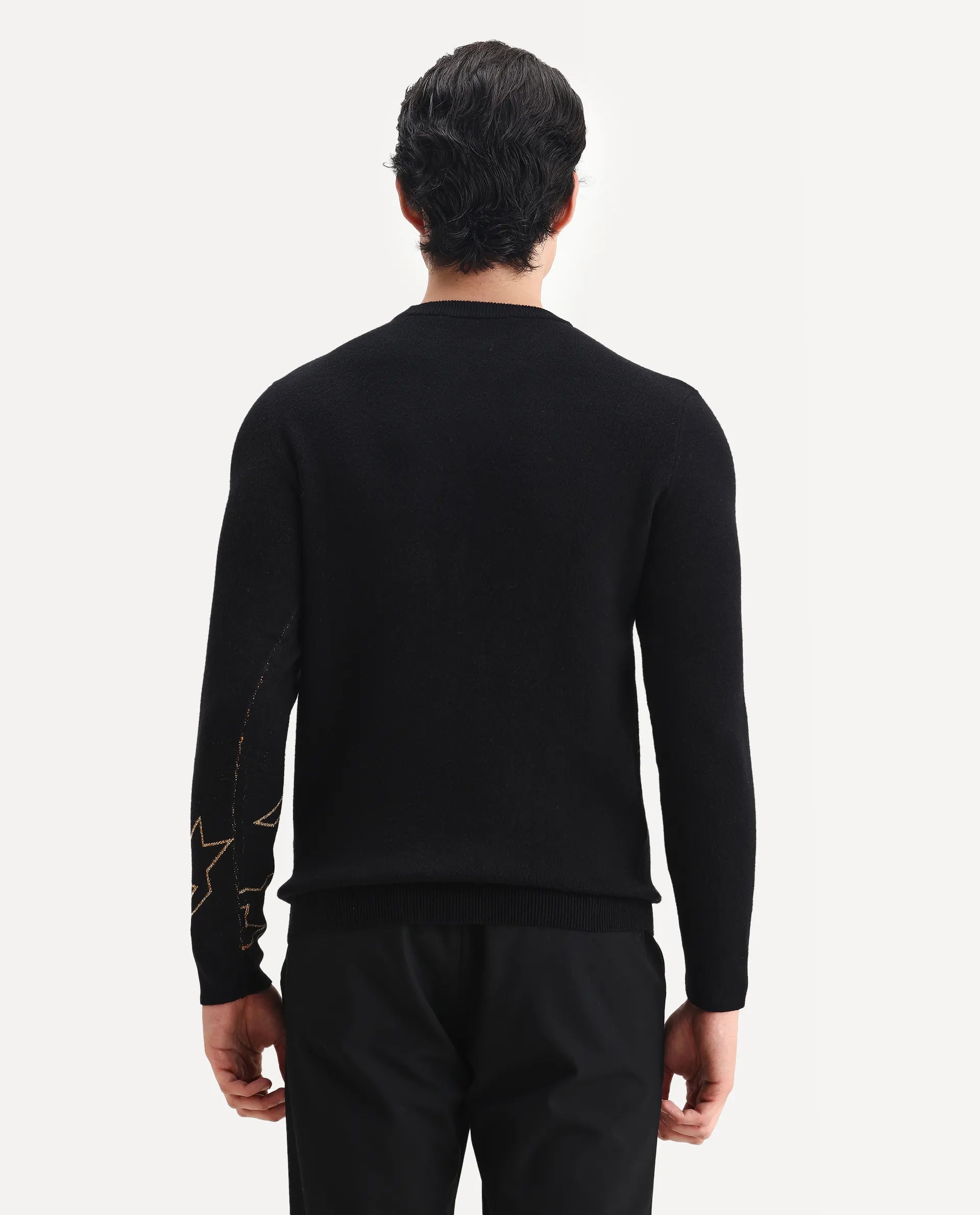 Rare Rabbit Men's Baset Black Polyester Jacquard Regular Fit Full Sleeve Crew Neck Sweater