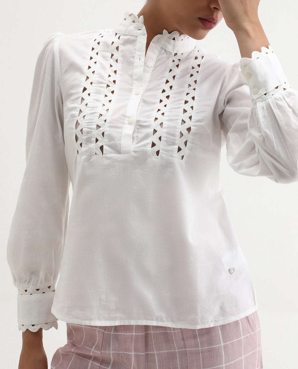 Rareism Women's Basil Off White Cotton Mandarin Collar Plain Cuffed Sleeve Regular Fit Top