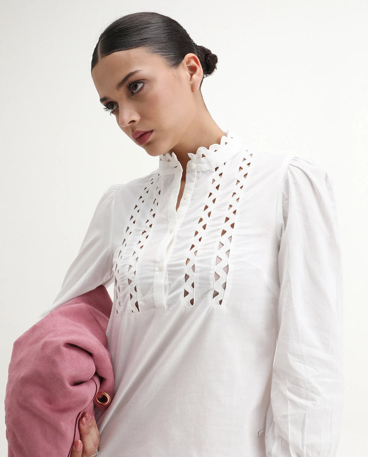 Rareism Women's Basil Off White Cotton Mandarin Collar Plain Cuffed Sleeve Regular Fit Top