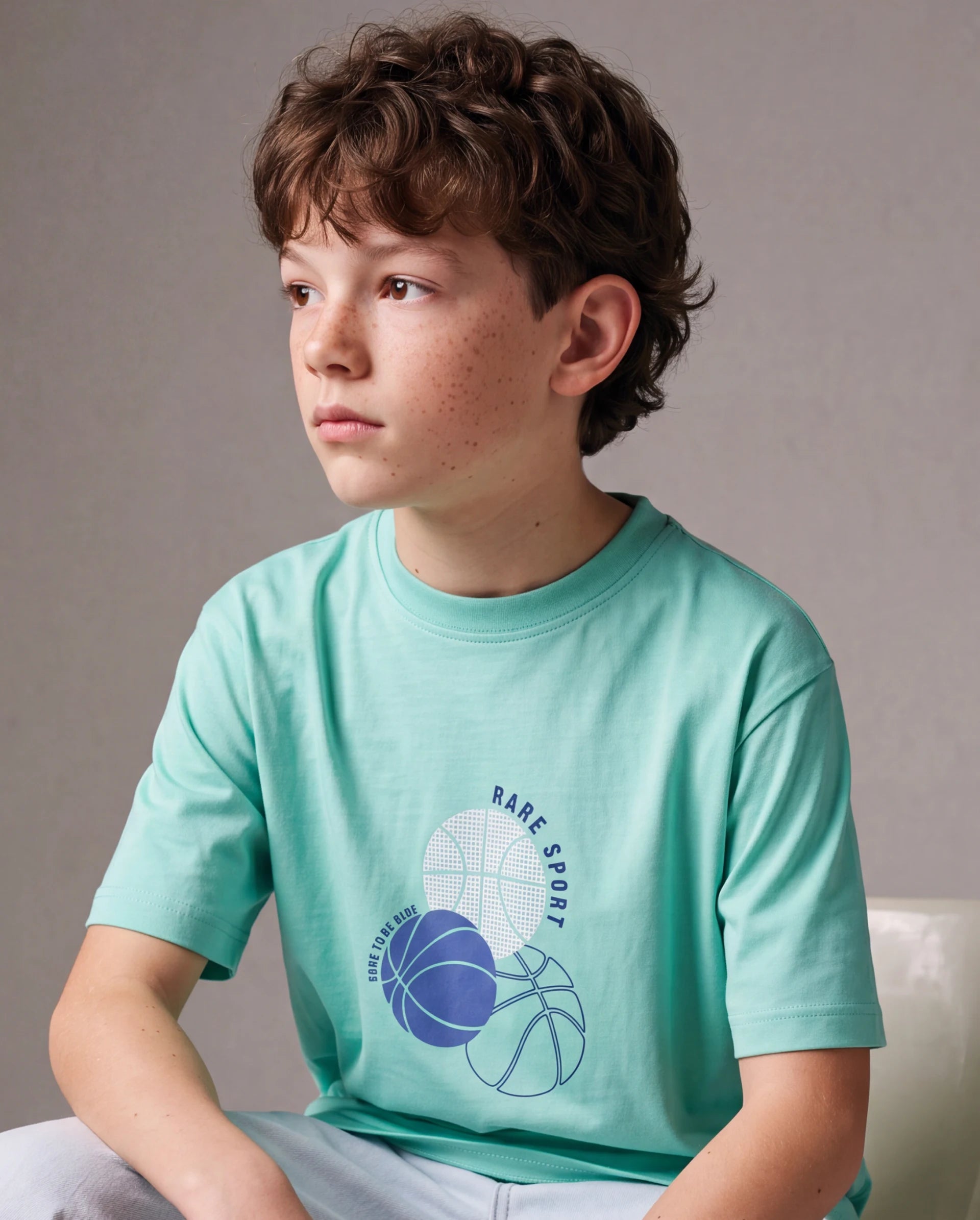 Rare Ones Kids Bask Turq Cotton Blend Fabric Pull-On Closure Regular Fit Graphic Print T-Shirt