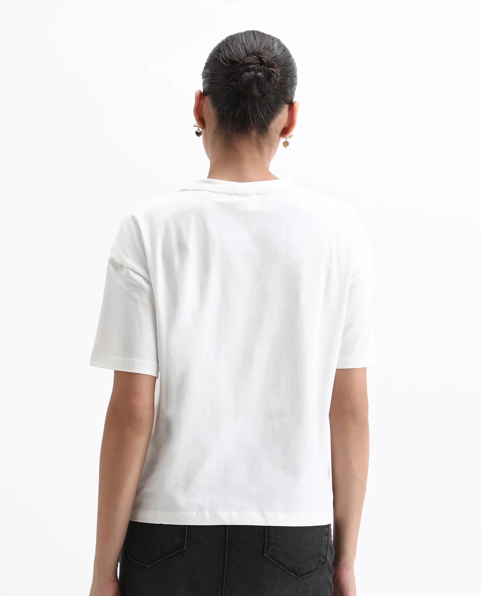 Rareism Women's Baskin Off White Cotton Blend Crew Neck Graphic Print Relaxed Fit T-Shirt