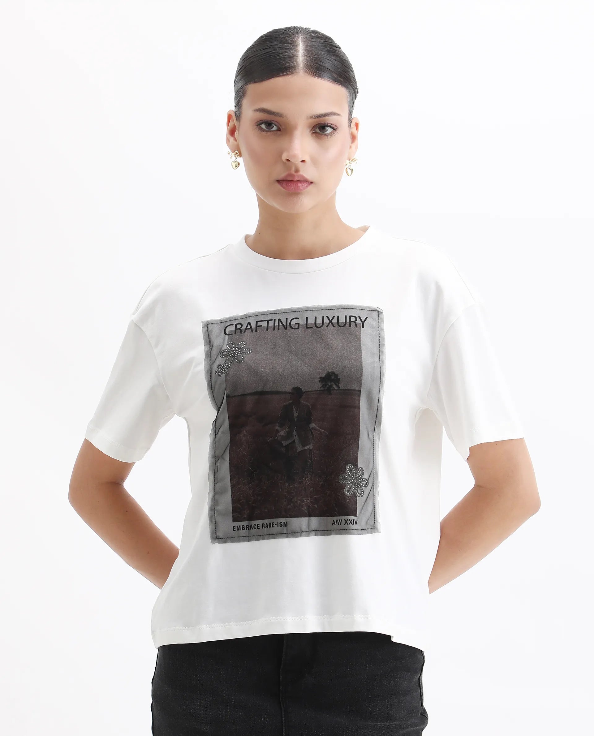 Rareism Women's Baskin Off White Cotton Blend Crew Neck Graphic Print Relaxed Fit T-Shirt