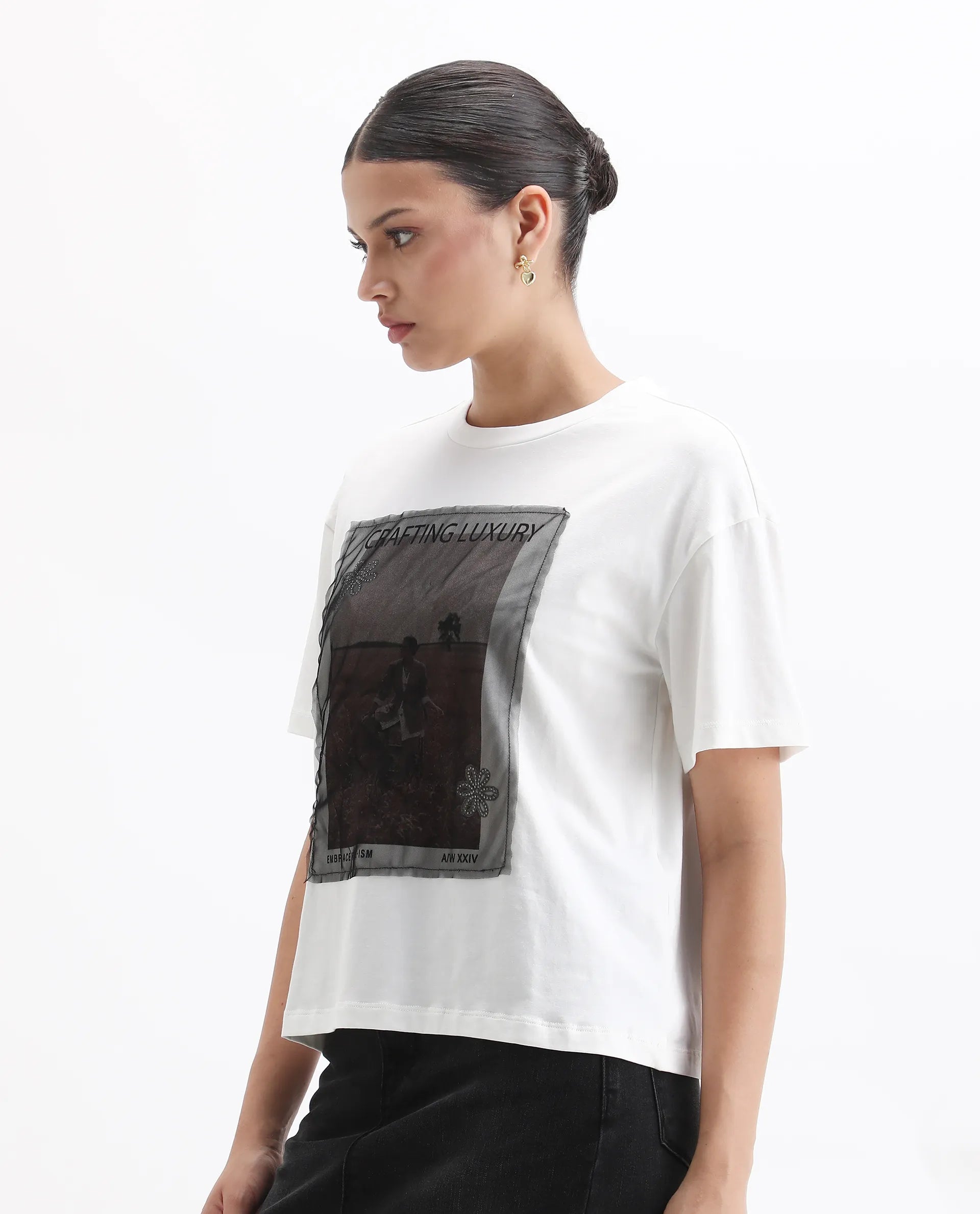 Rareism Women's Baskin Off White Cotton Blend Crew Neck Graphic Print Relaxed Fit T-Shirt