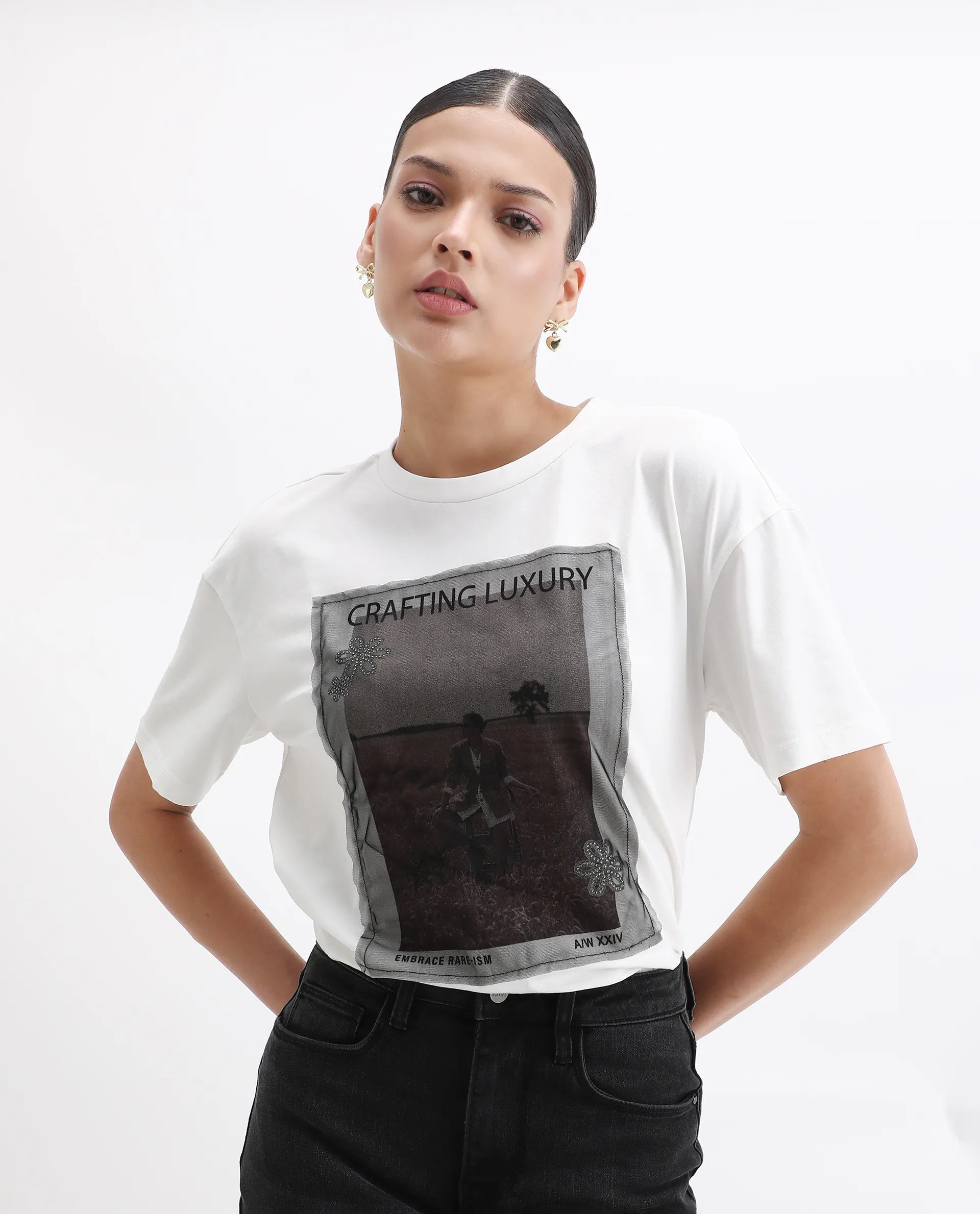 Rareism Women's Baskin Off White Cotton Blend Crew Neck Graphic Print Relaxed Fit T-Shirt