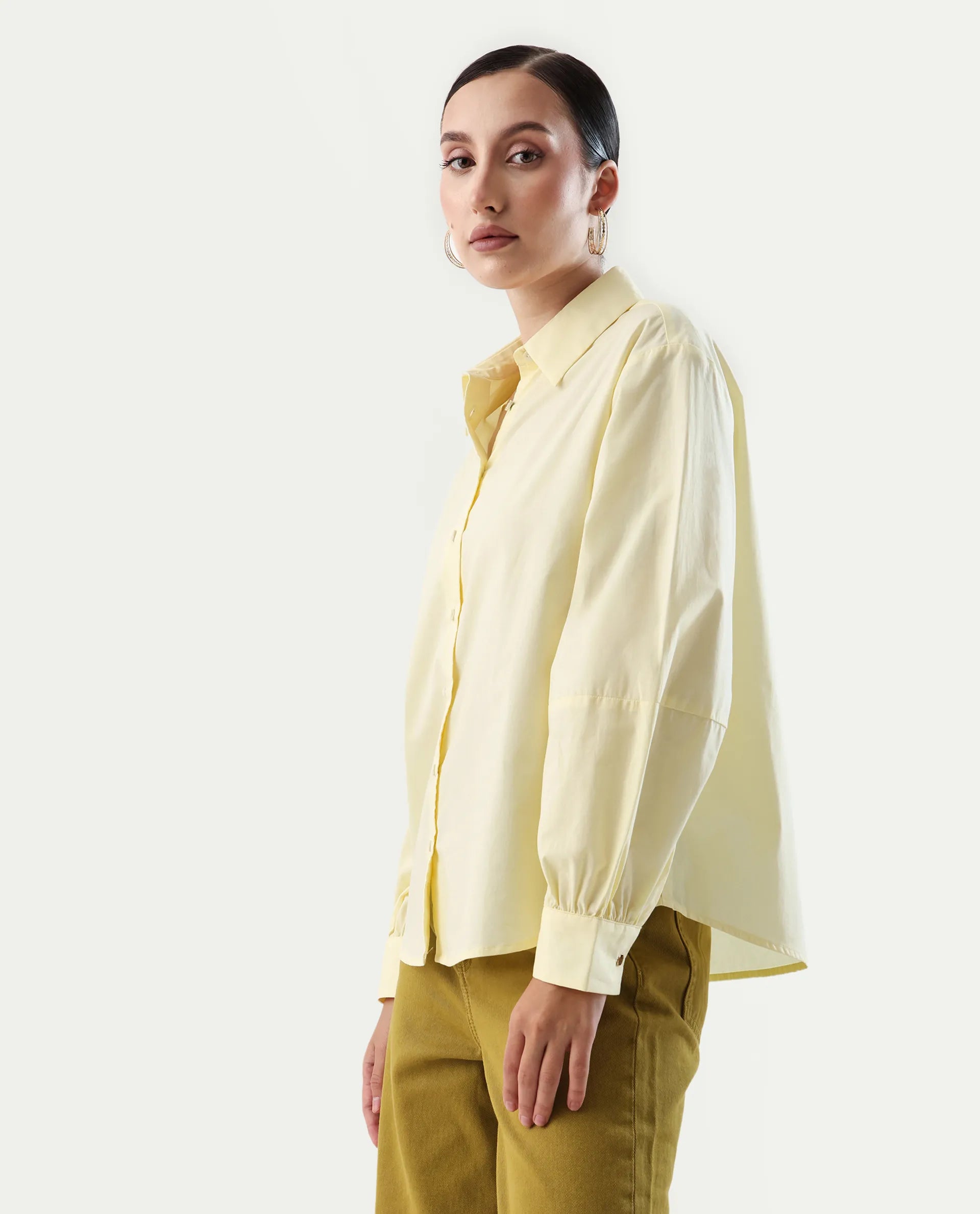 Rareism Women's Basom Yellow Cotton Collared Neck Relaxed Fit Shirt