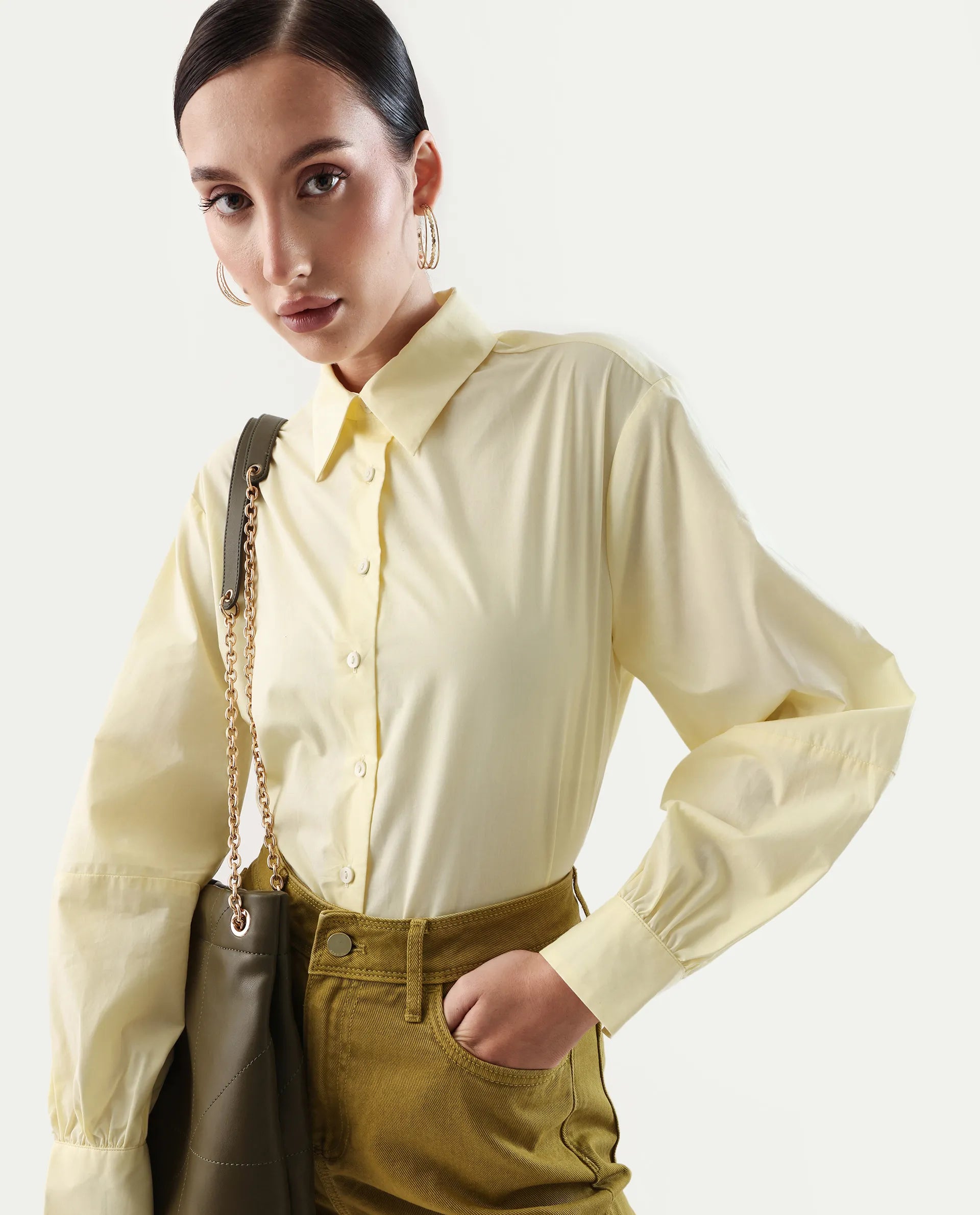 Rareism Women's Basom Yellow Cotton Collared Neck Relaxed Fit Shirt