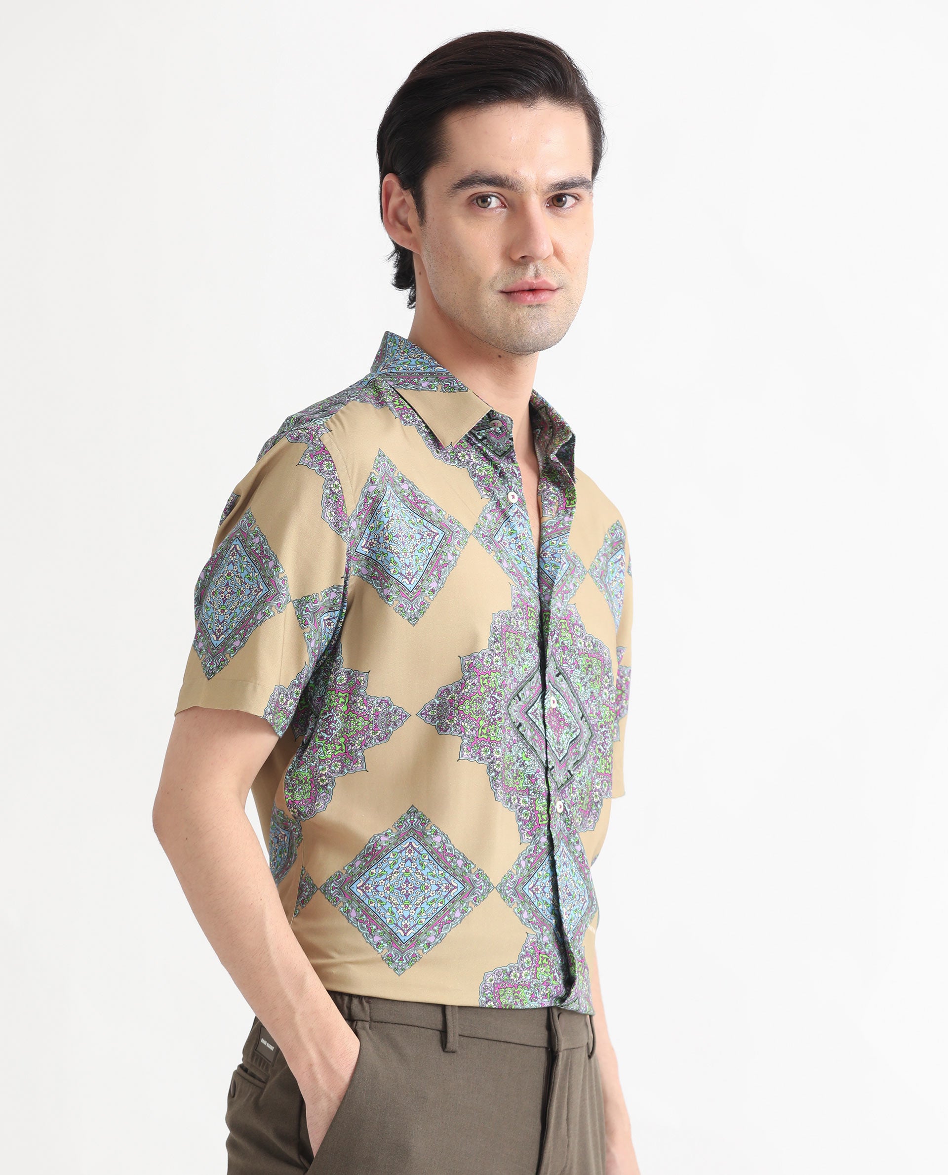 Rare Rabbit Men's Basso Beige Viscose Fabric Geometric Print Half Sleeves Shirt