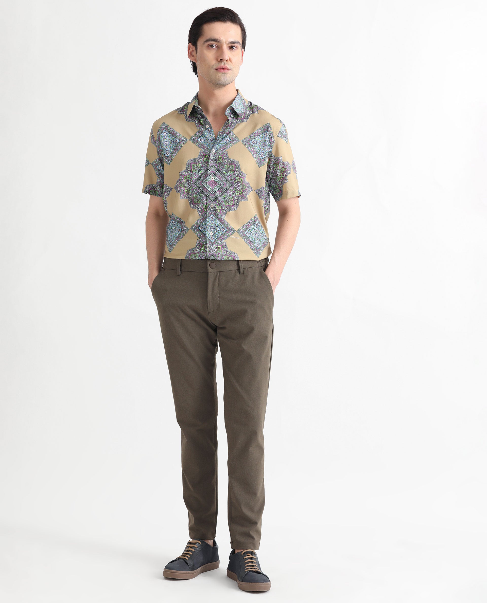 Rare Rabbit Men's Basso Beige Viscose Fabric Geometric Print Half Sleeves Shirt