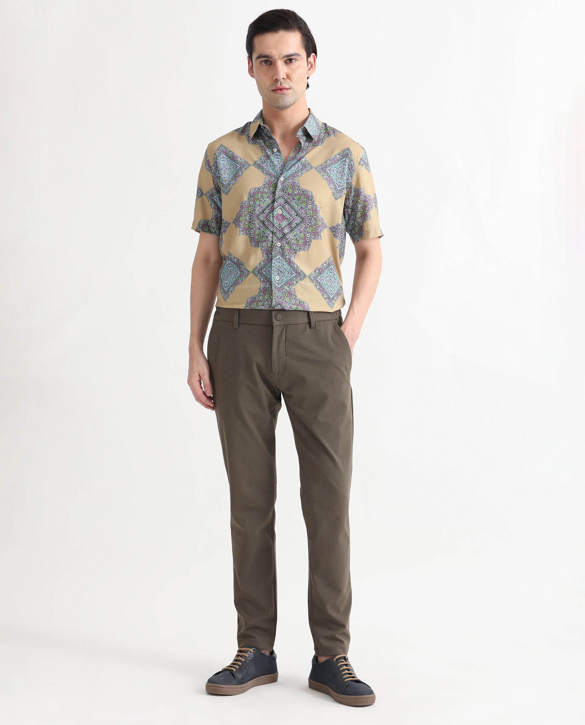 Rare Rabbit Men's Basso Beige Viscose Fabric Geometric Print Half Sleeves Shirt