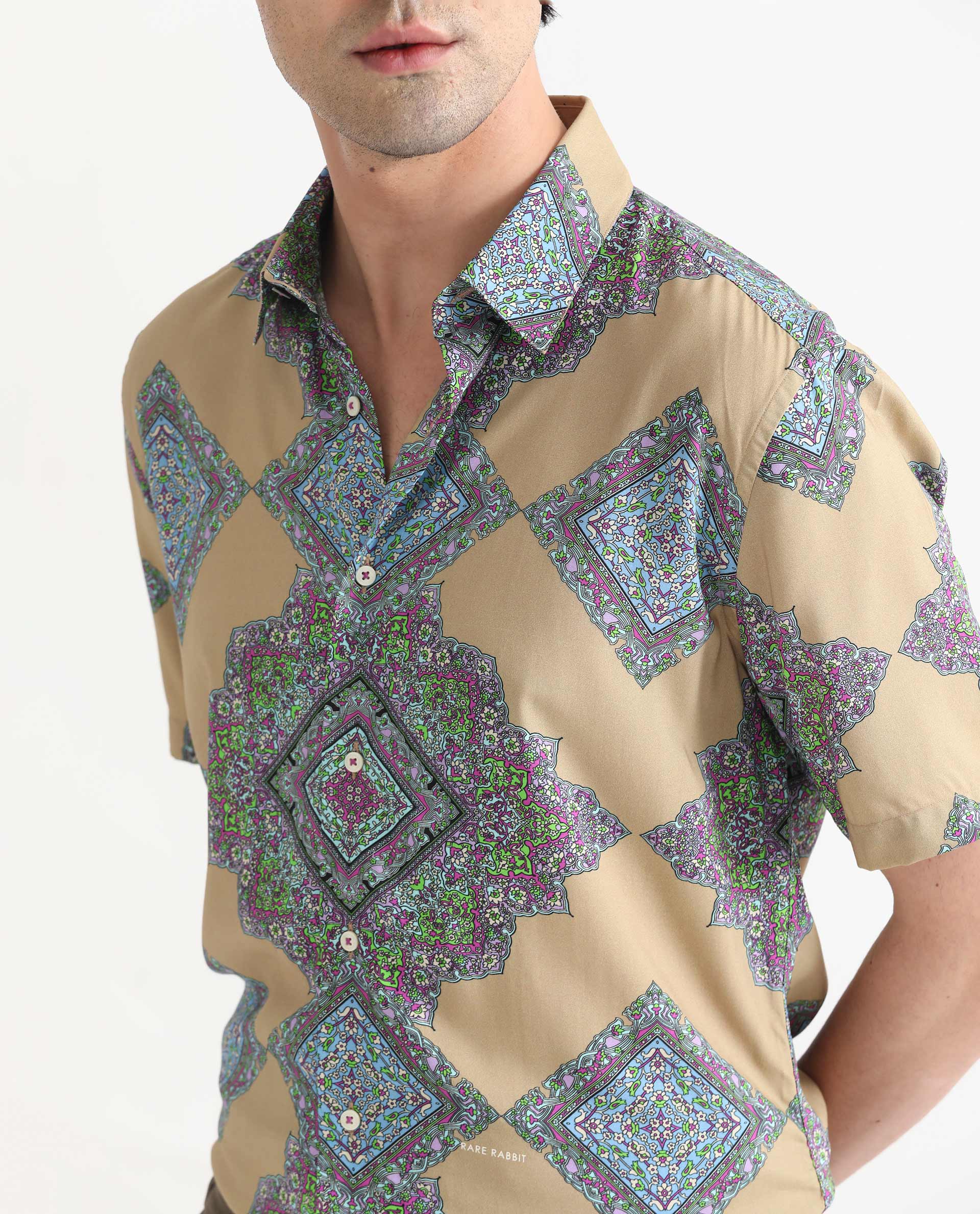 Rare Rabbit Men's Basso Beige Viscose Fabric Geometric Print Half Sleeves Shirt