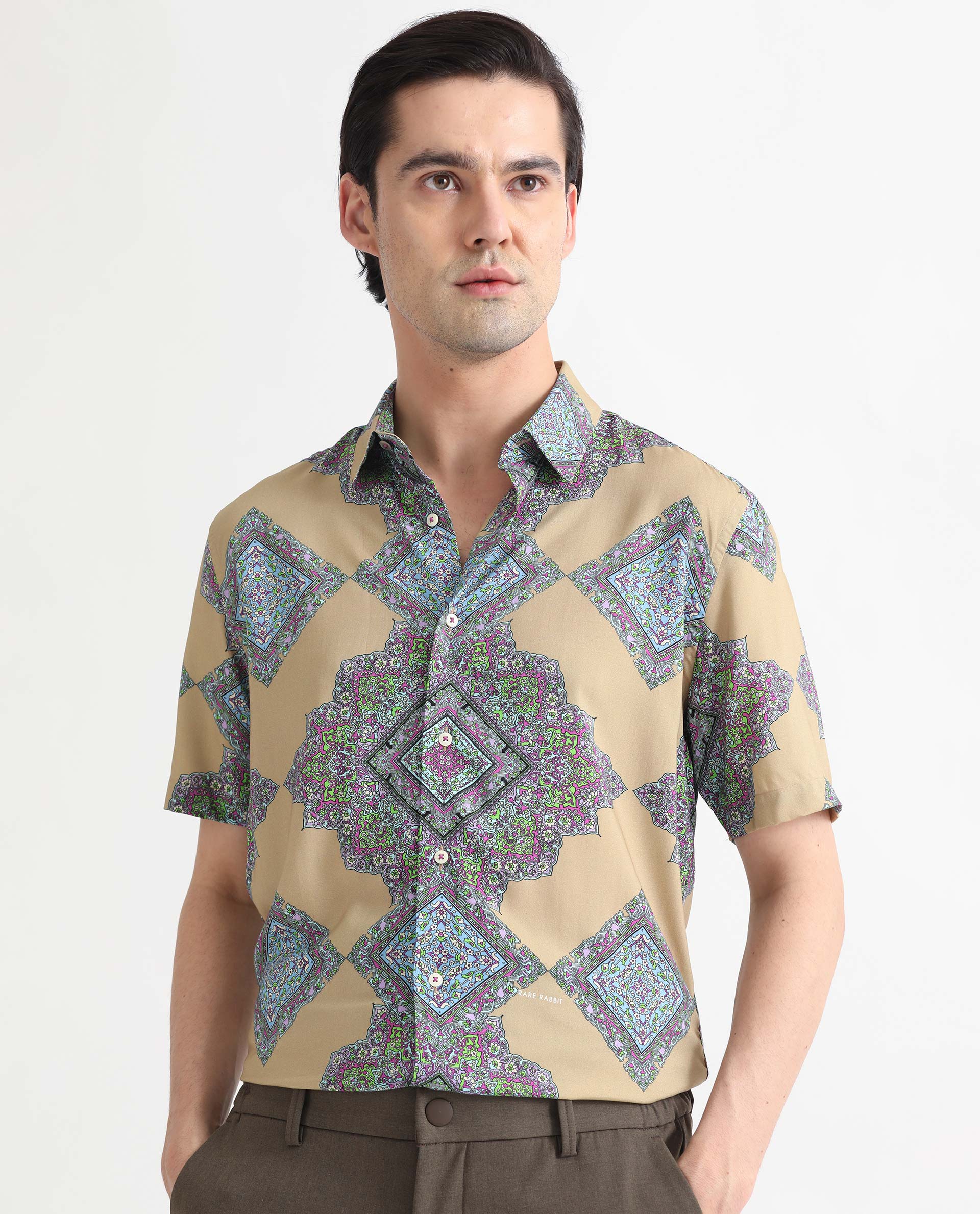 Rare Rabbit Men's Basso Beige Viscose Fabric Geometric Print Half Sleeves Shirt
