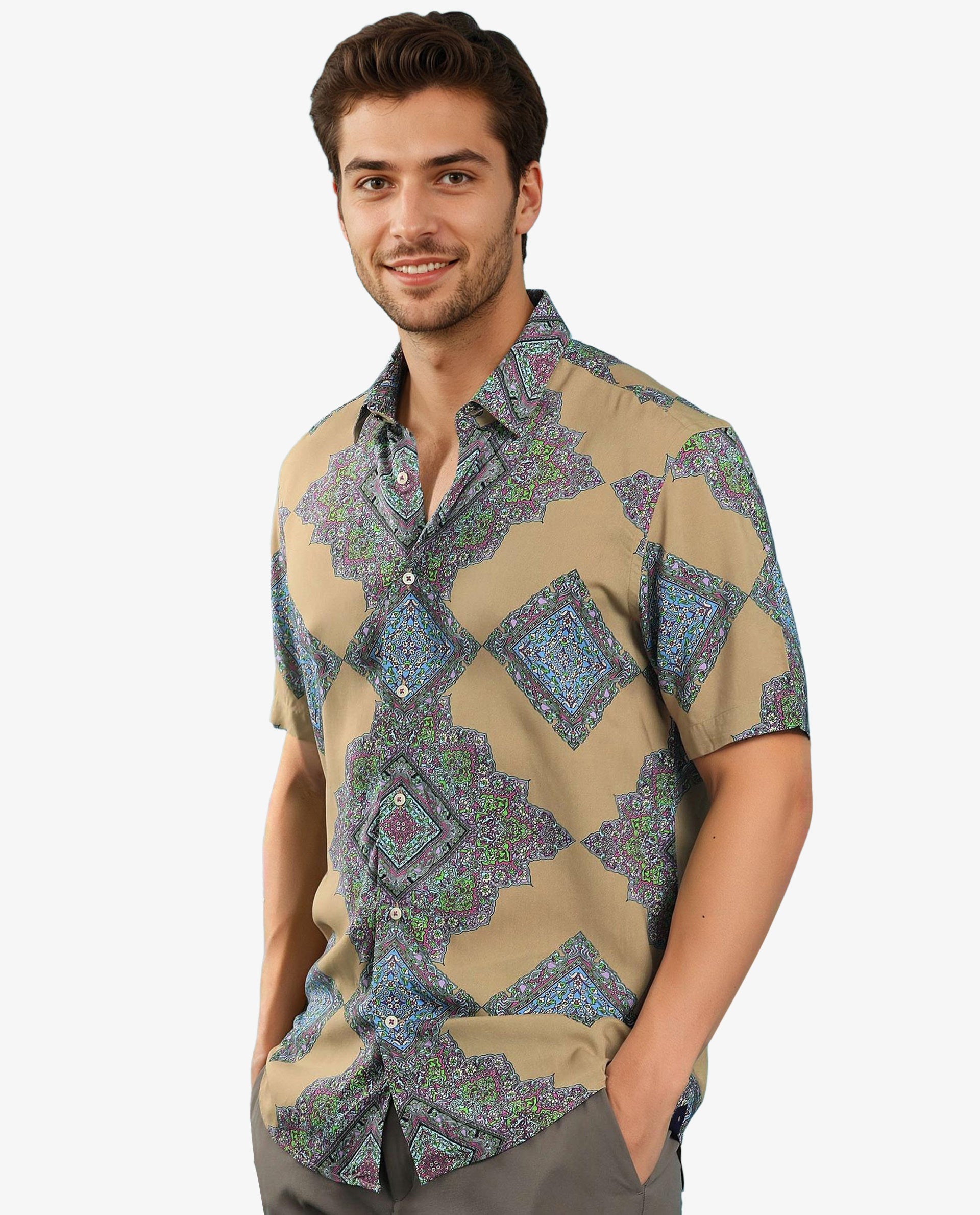 Rare Rabbit Men's Basso Beige Viscose Fabric Geometric Print Half Sleeves Shirt