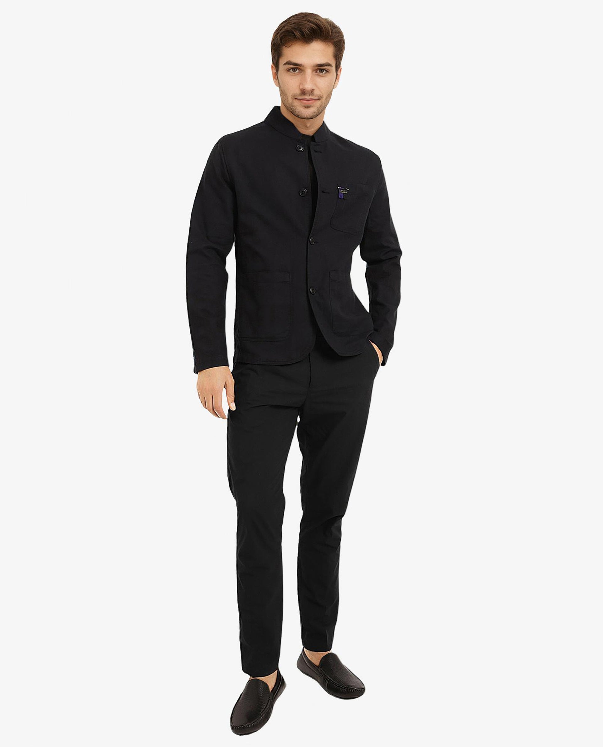 Rare Rabbit Men's Bastein Navy Cotton Fabric Full Sleeves Mandarin Collar Plain Relaxed Fit Jacket